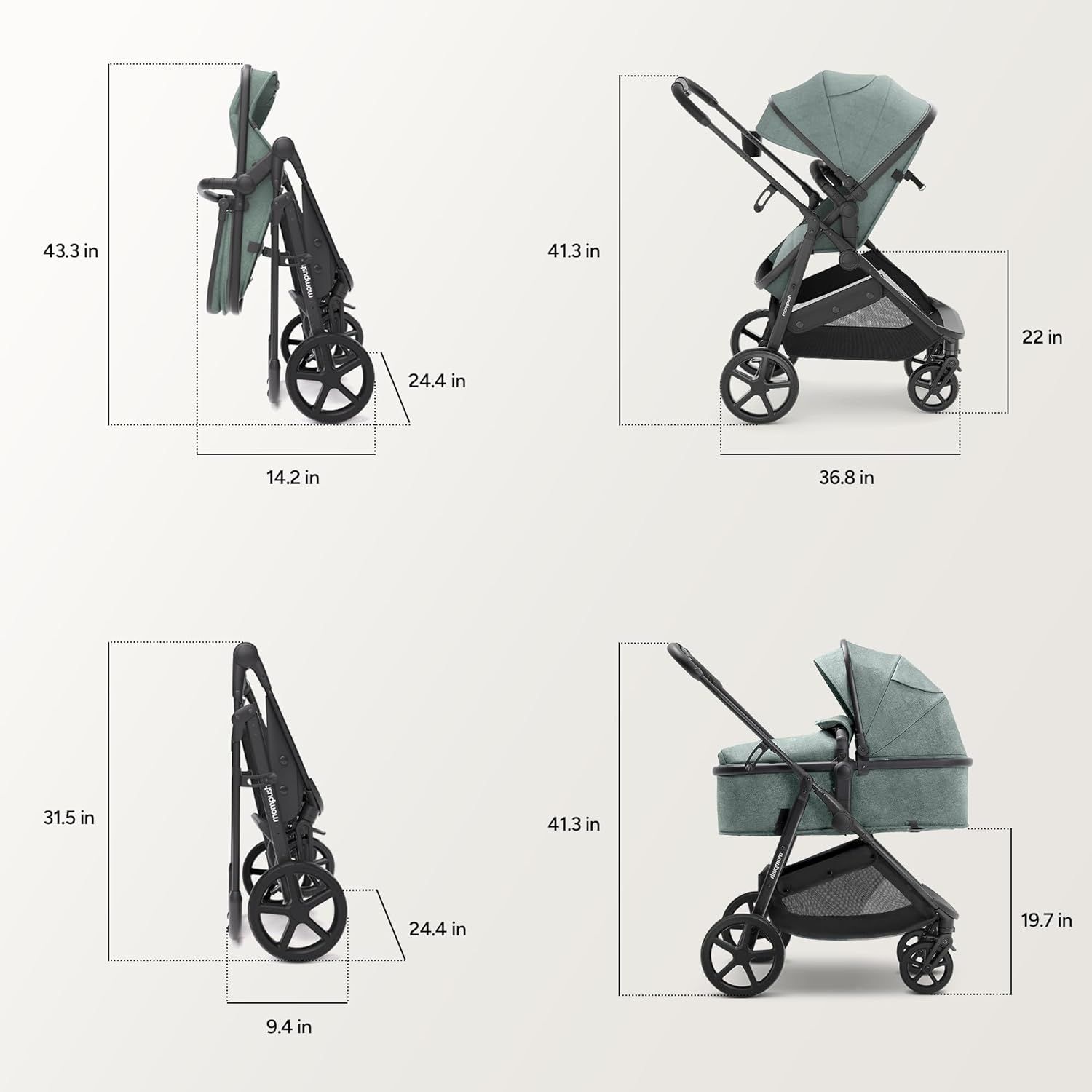 Provides exact measurements of the stroller in different configurations to help customers understand its size and fit.