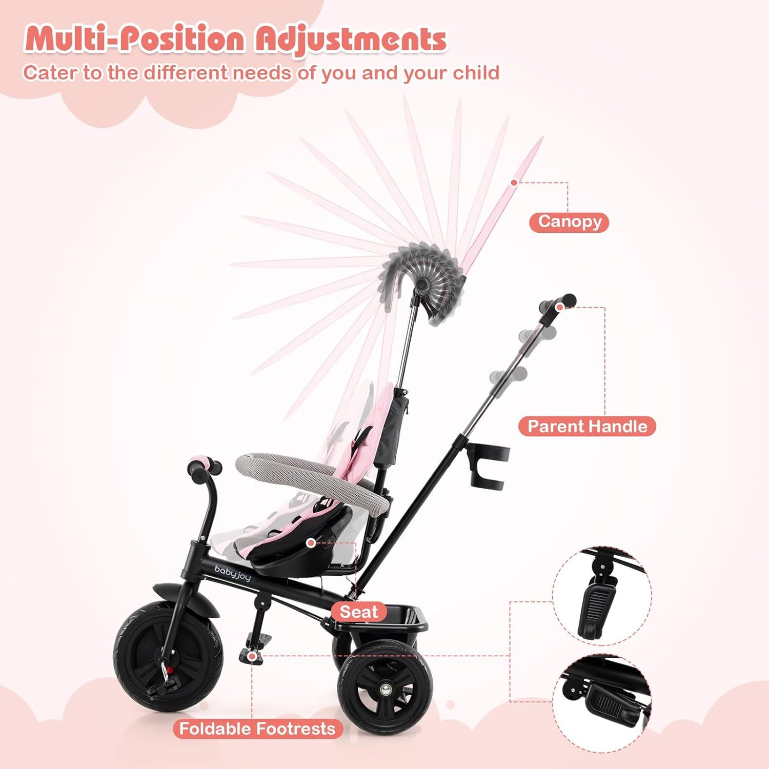 Highlights the multiple adjustable features of the stroller to show its versatility and ability to cater to different needs of parent and child.