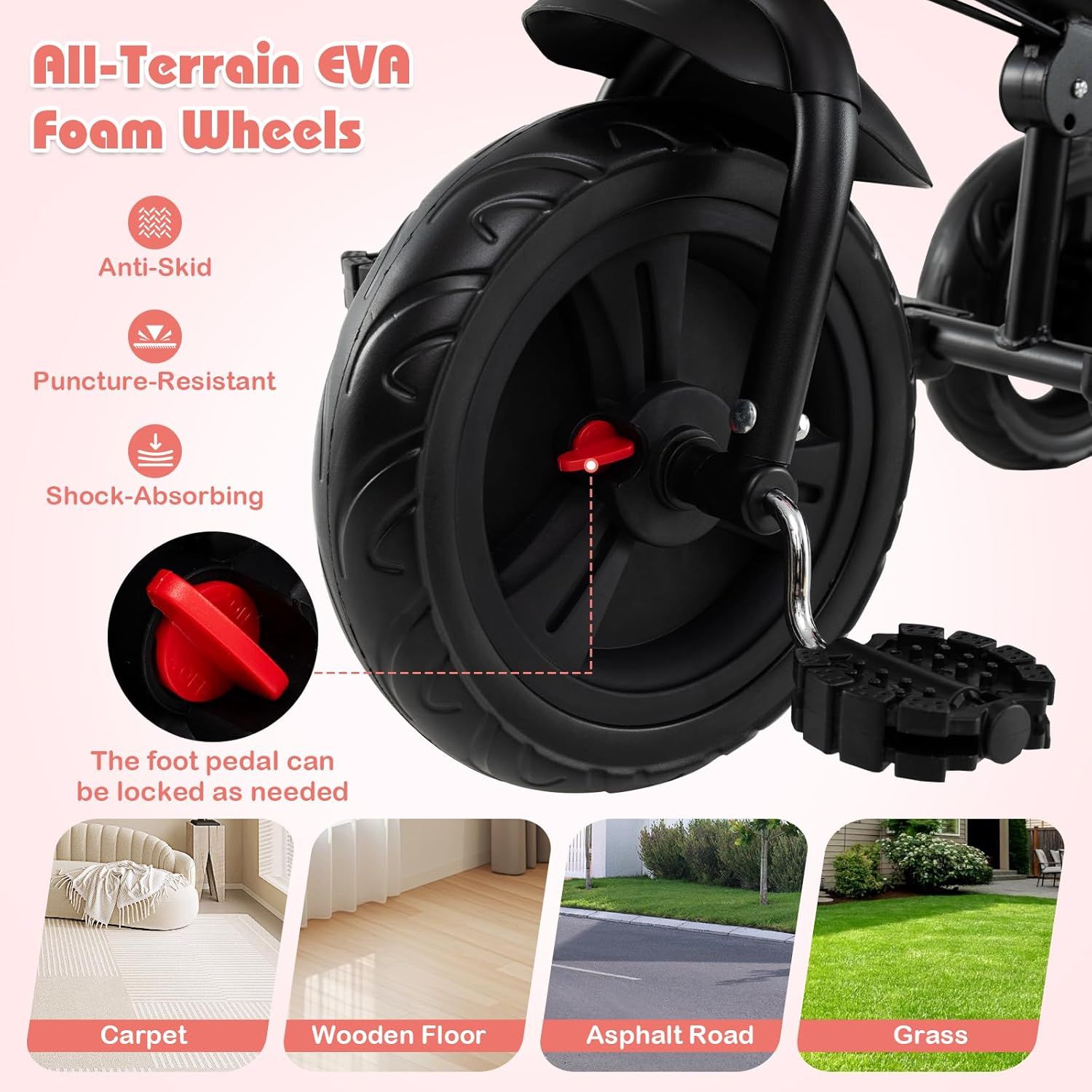Highlights the versatility and durability of the product's wheels, emphasizing their suitability for various terrains and conditions.