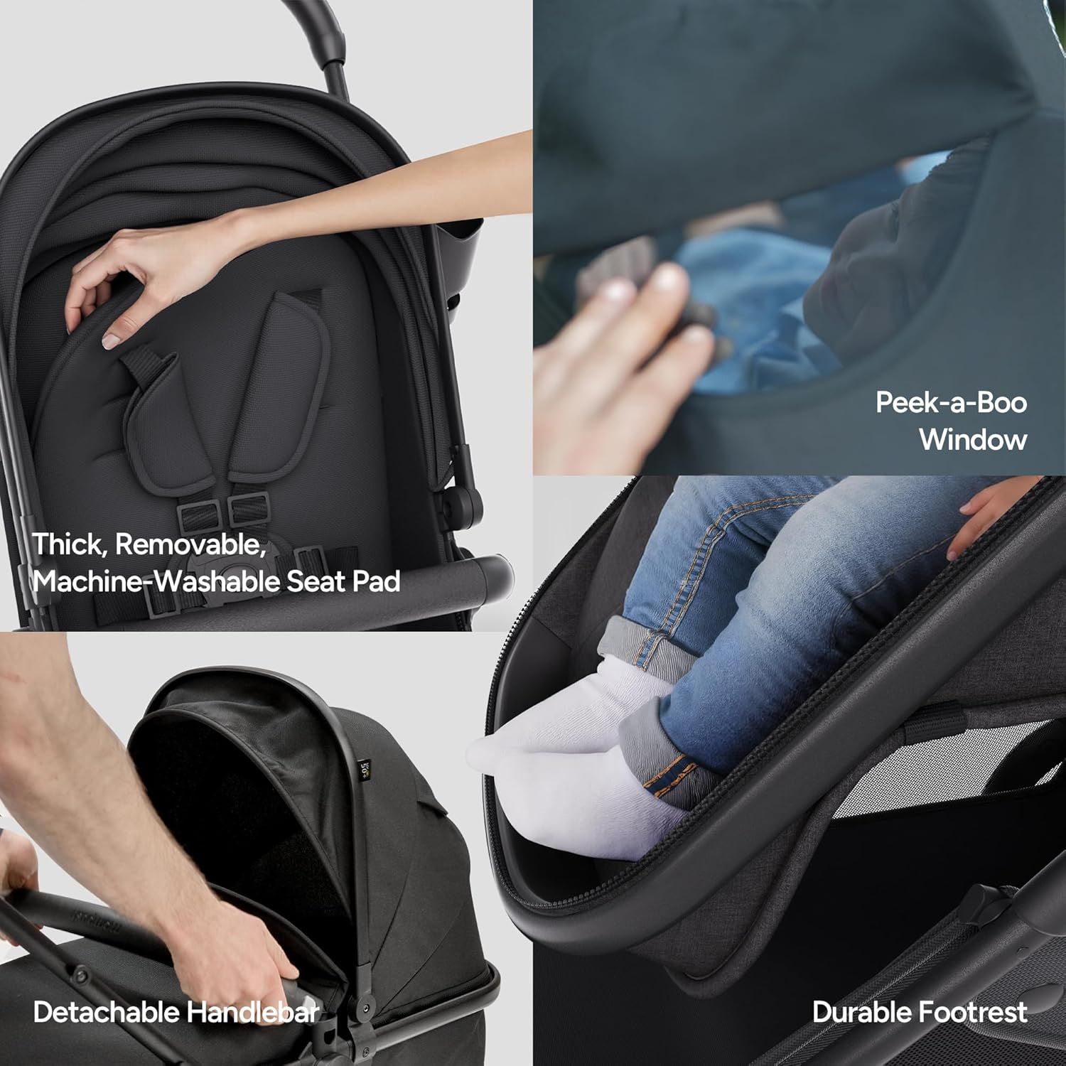 Highlights multiple comfort and convenience features of the stroller to demonstrate its versatility and ease of use for parents.
