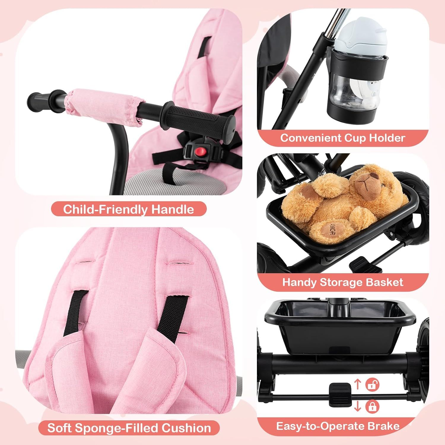 Highlights multiple convenient features of the stroller to show its practicality and comfort for both parent and child.