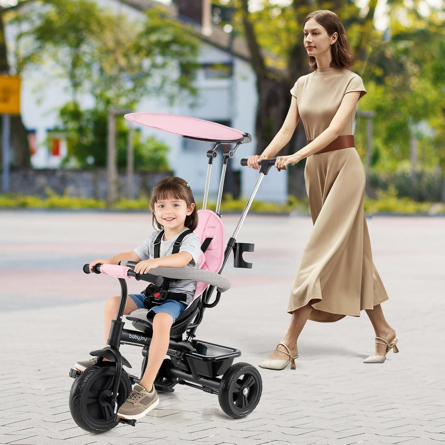 Shows the product being used in a real-world outdoor setting, emphasizing its suitability for family outings and ease of use for parents.