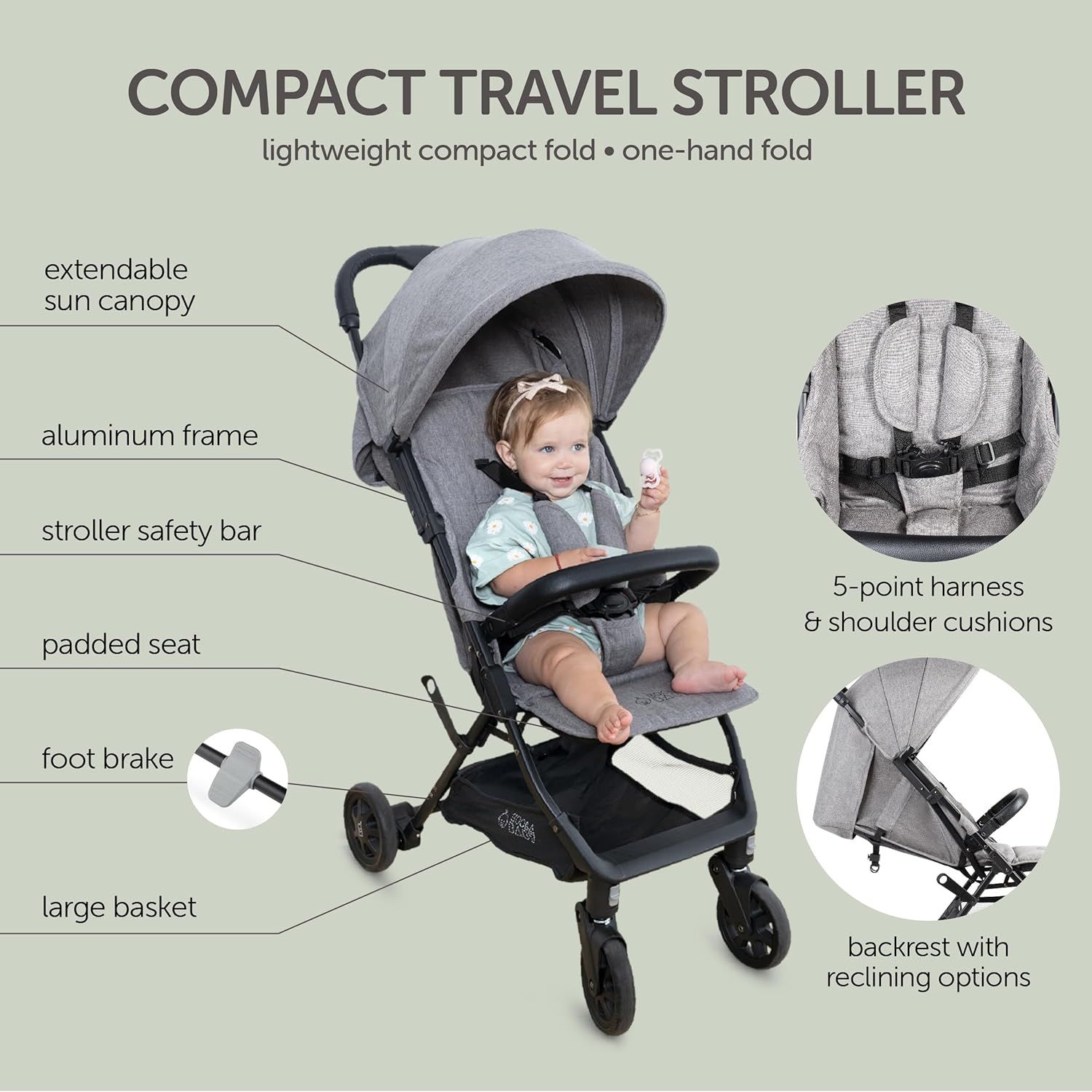Highlights key features and safety components of the compact travel stroller to inform parents about its design and functionality.