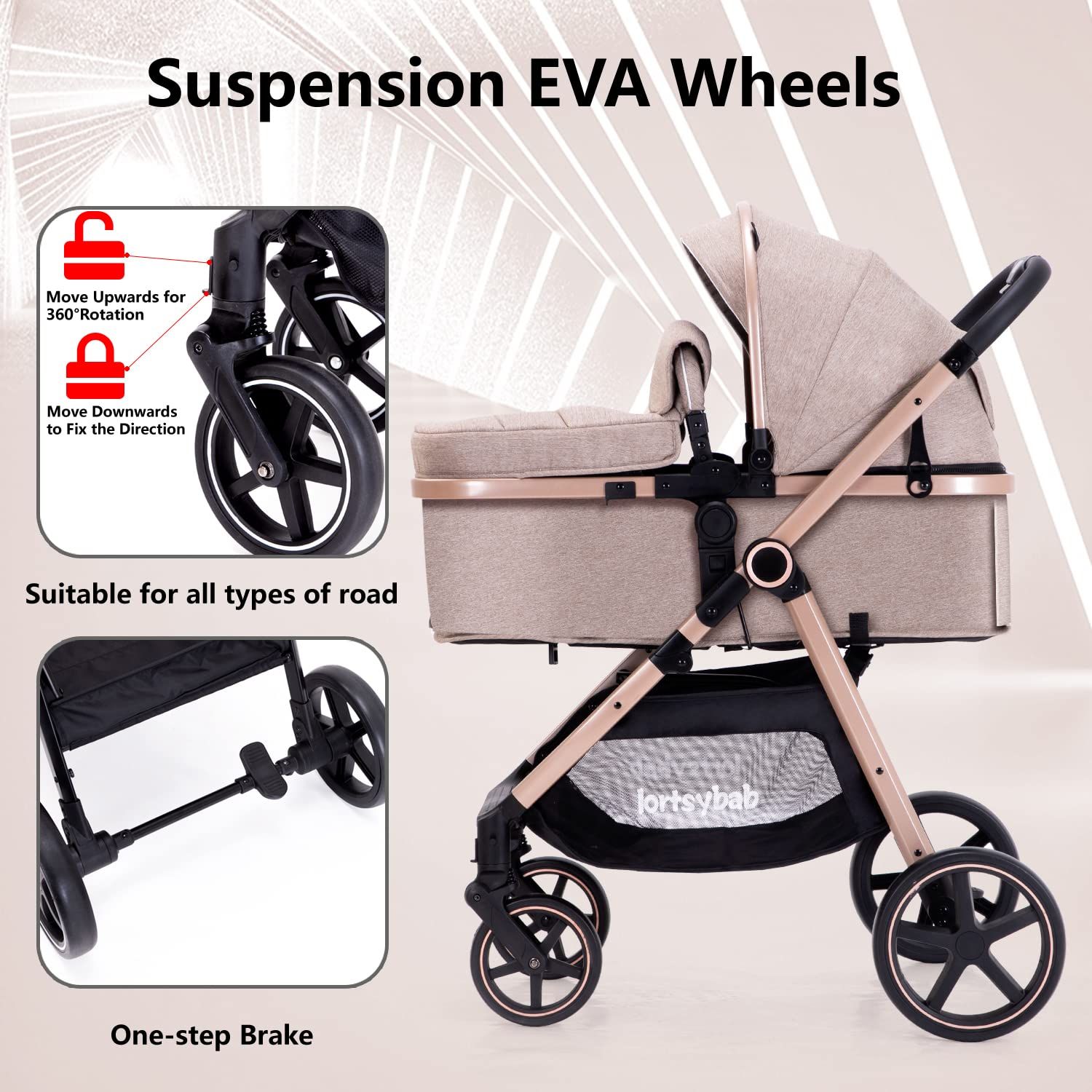 Highlights multiple features of the stroller to demonstrate its versatility and ease of use for parents.