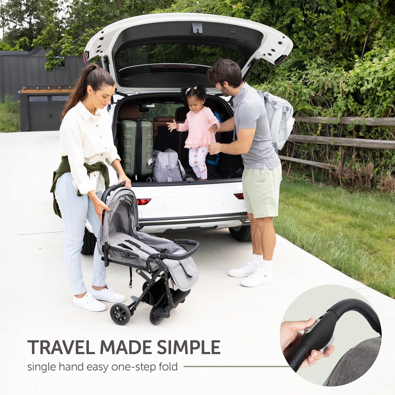 Demonstrates how the product simplifies family travel by showing a family easily loading luggage and a stroller into a vehicle. Highlights the stroller's easy folding mechanism, emphasizing…