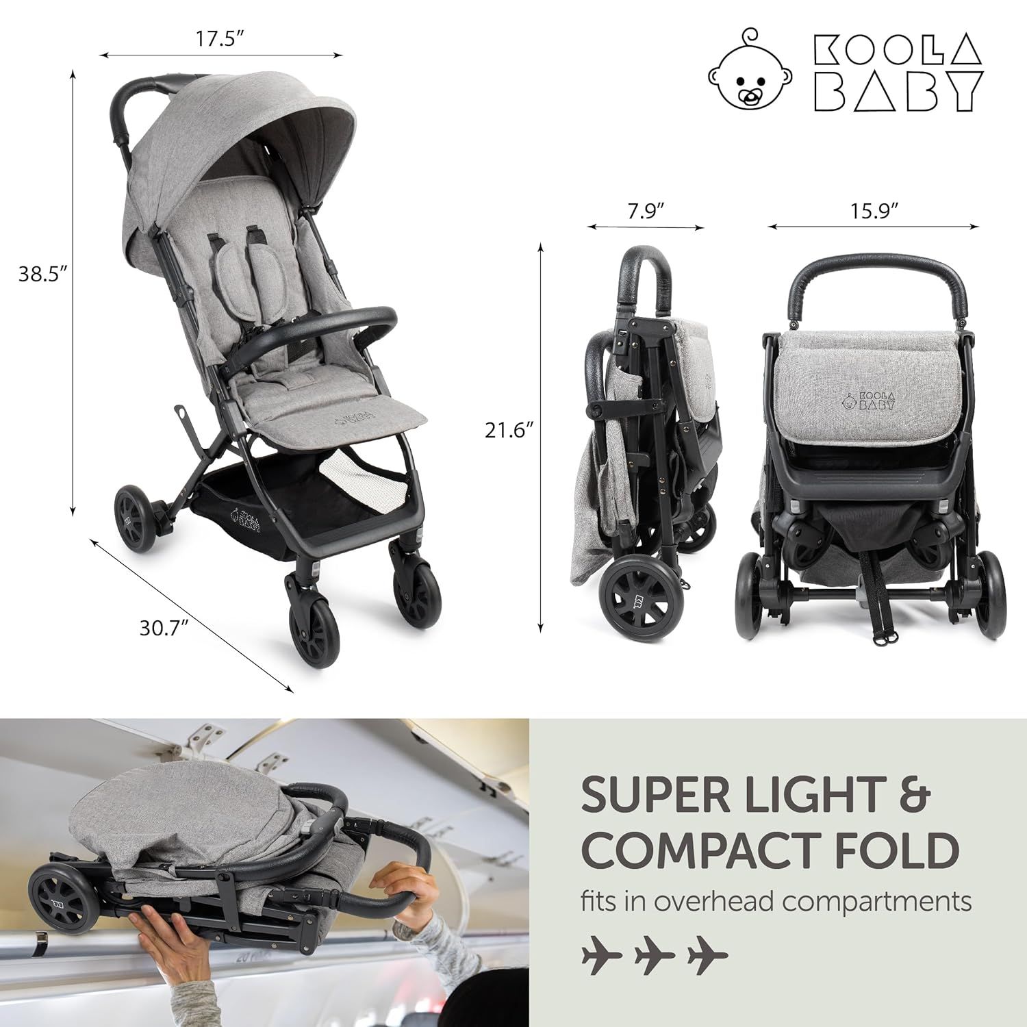 Demonstrates the stroller's compact folded size and dimensions to show it's easy to transport and store. Highlights the stroller's suitability for air travel by showing it fits in overhead…