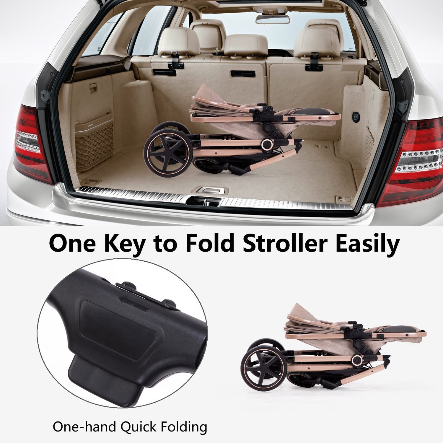 Demonstrates the stroller's easy folding mechanism, emphasizing convenience for parents when storing or transporting the stroller.