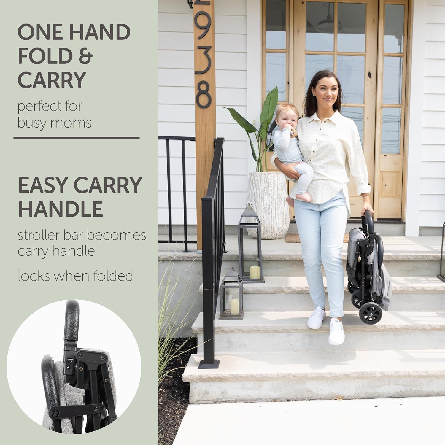 Highlights the stroller's convenient folding and carrying features for busy parents.