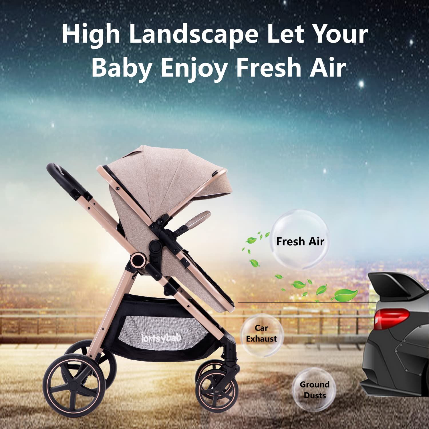 Highlights the stroller's elevated seat position and ability to keep the baby away from car exhaust and ground dust, promoting better air quality for the child.