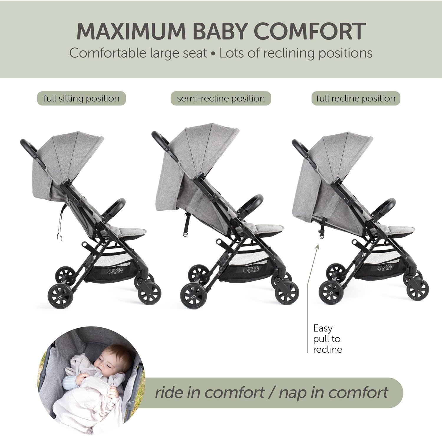 Demonstrates the different reclining positions of the stroller to show its versatility and comfort for the baby. Highlights the stroller's large, comfortable seat and various reclining options to…