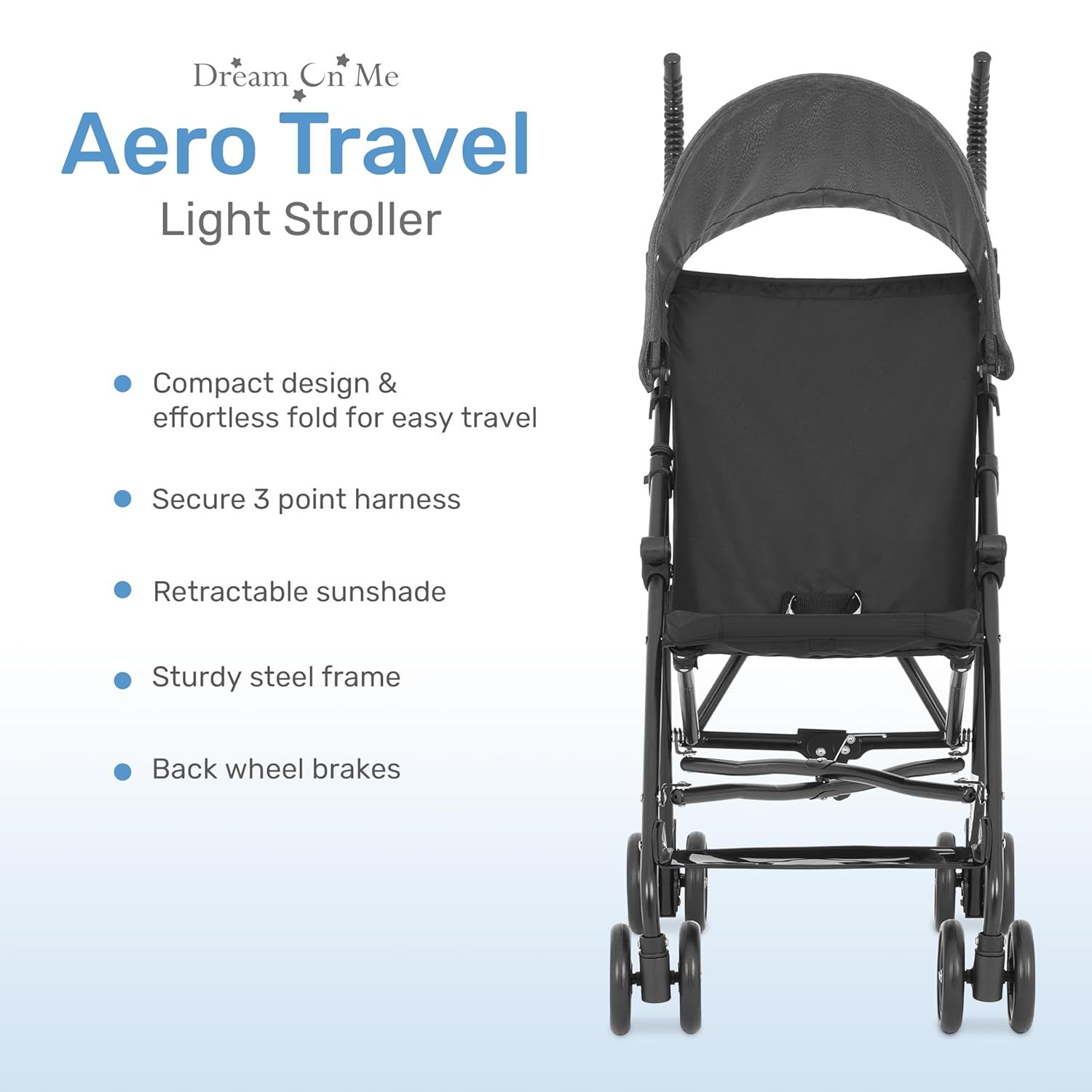 Highlights multiple key features of the travel stroller to demonstrate its convenience, safety, and durability for parents on-the-go.