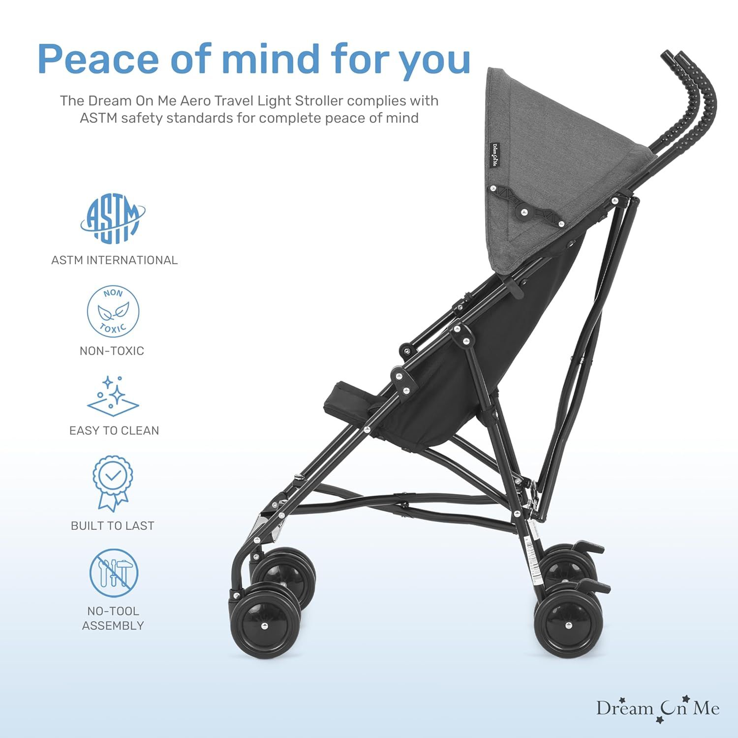 Reassures parents that the stroller meets safety standards, providing peace of mind about the product's safety and quality. Highlights multiple safety and convenience features to demonstrate the…