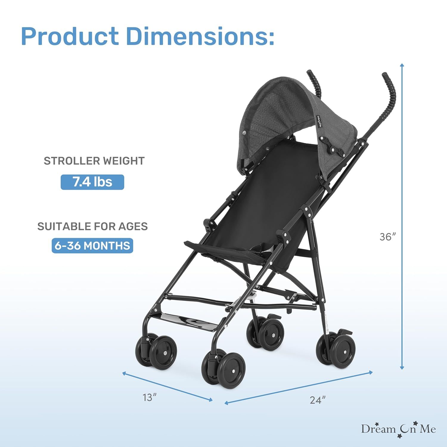 Provides exact dimensions and weight of the stroller to help shoppers understand its size and portability. Communicates key metrics like stroller weight and suitable age range to help customers…
