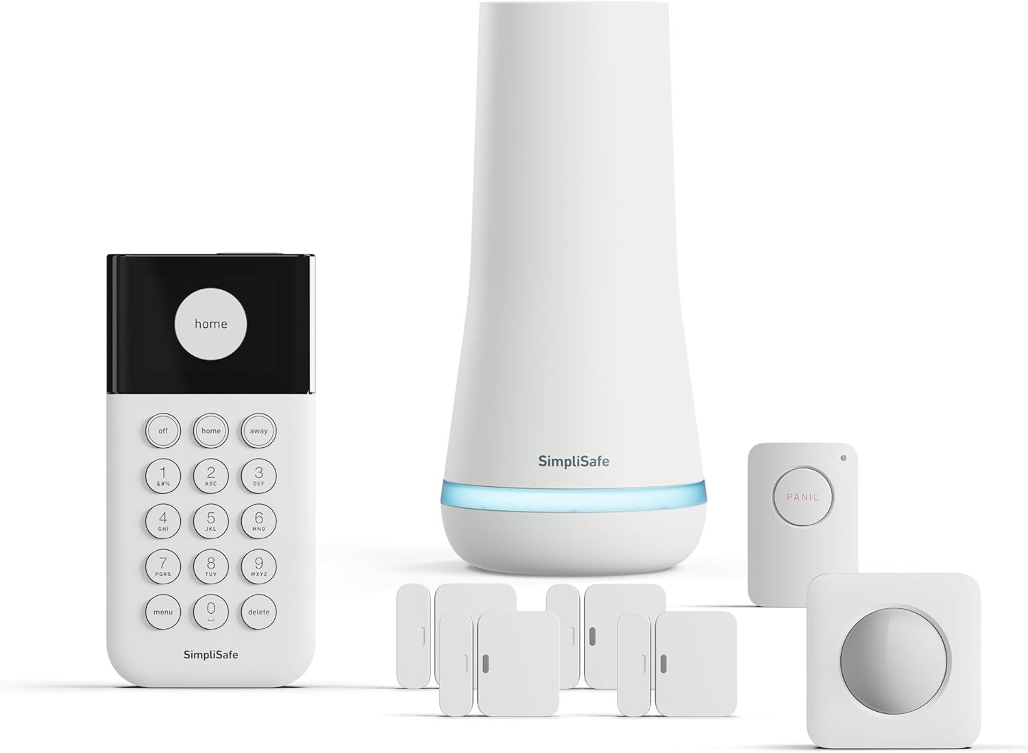 Shows all the components included in the SimpliSafe home security system kit, allowing customers to see the full package they will receive.