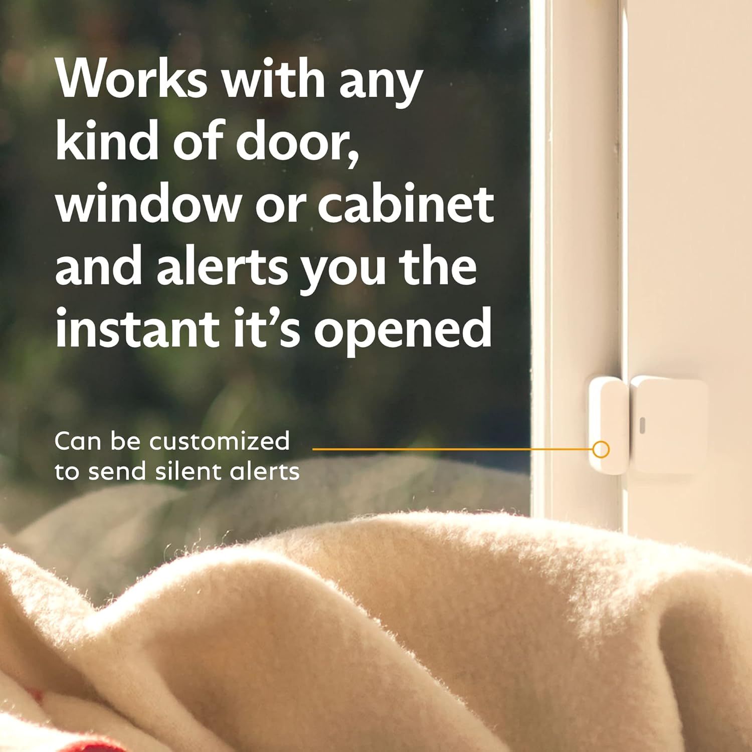 Highlights that the product works with any type of door, window or cabinet, emphasizing its versatility and ease of use.