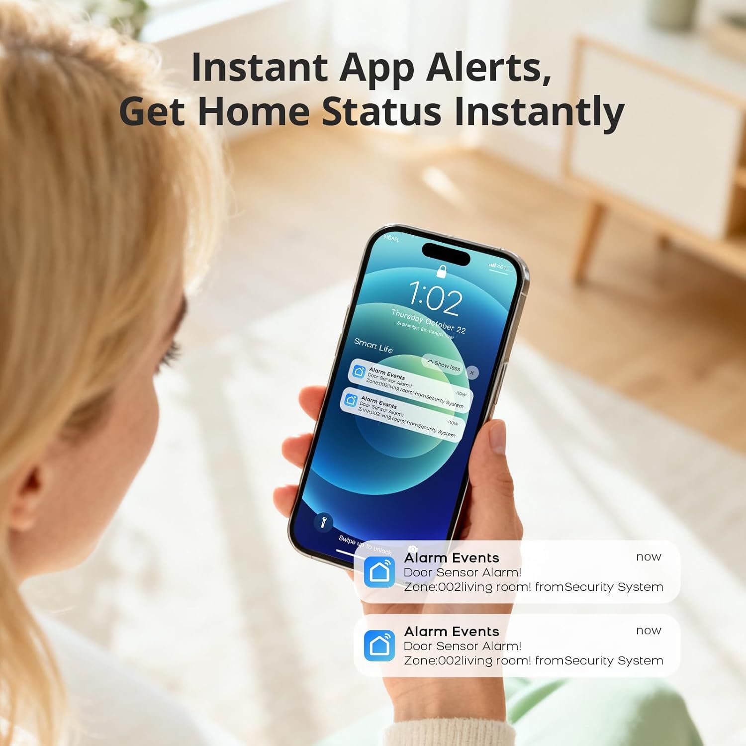 Highlights the product's ability to provide instant mobile alerts about home security status, emphasizing quick access to information.