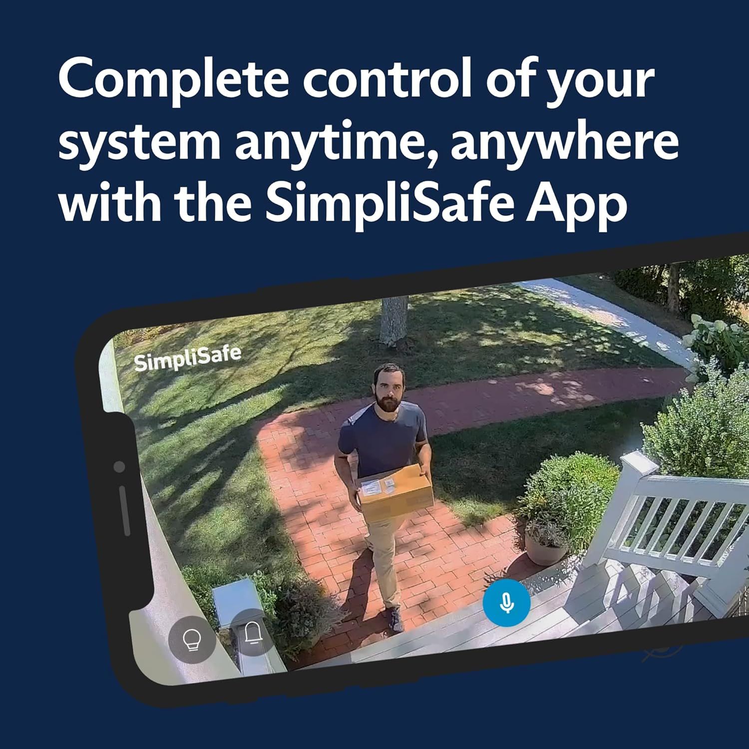 Demonstrates how the SimpliSafe app allows users to monitor their home security system remotely, including viewing live video of package deliveries.