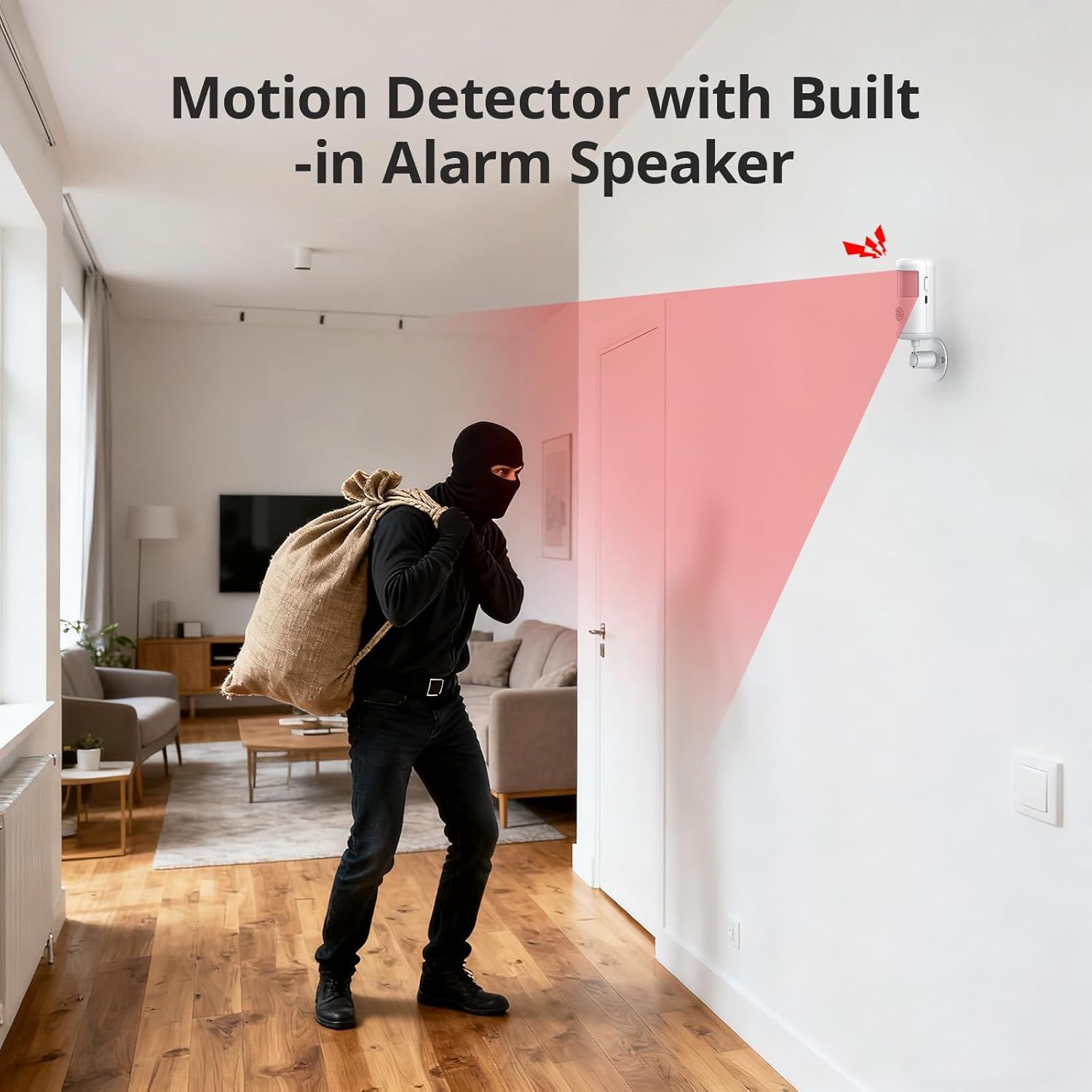 Demonstrates the product's ability to detect intruders and sound an alarm, highlighting its home security functionality.