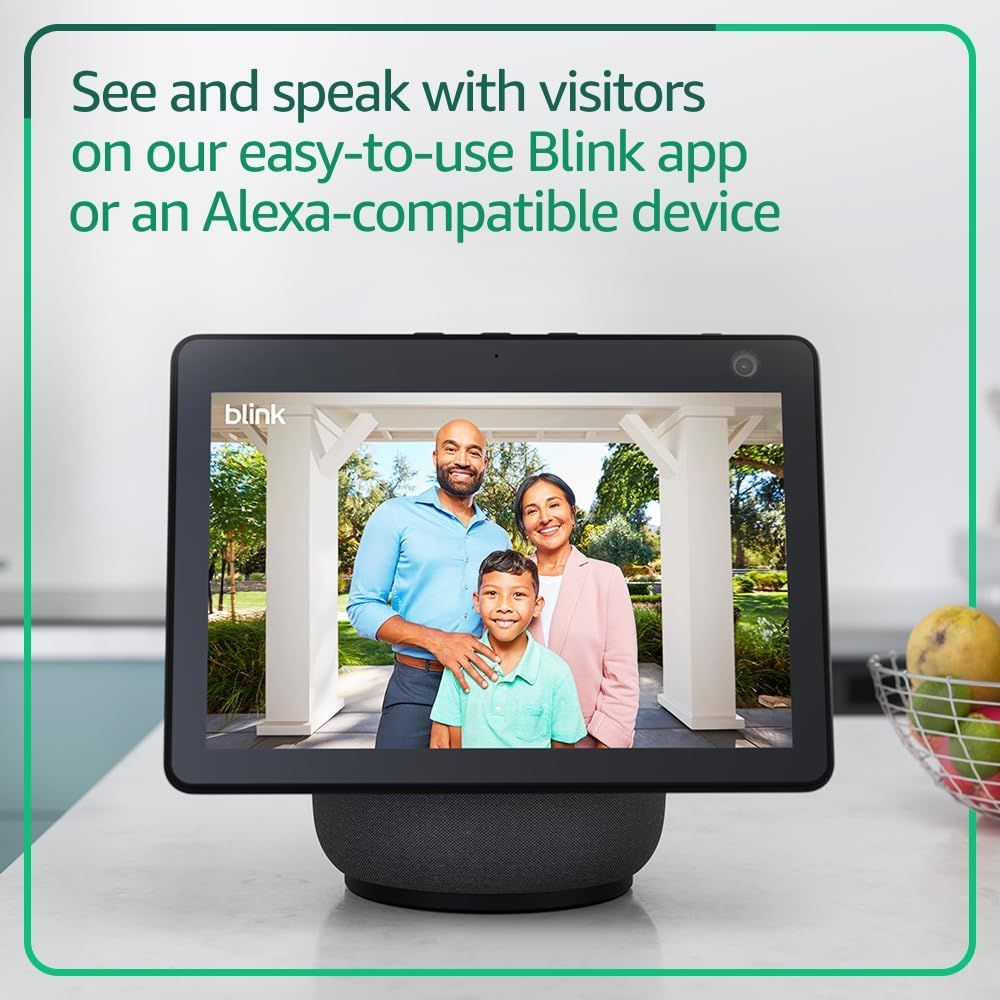 Demonstrates that the Blink app and camera system is compatible with Alexa-enabled devices, allowing users to view and interact with visitors through their smart displays.
