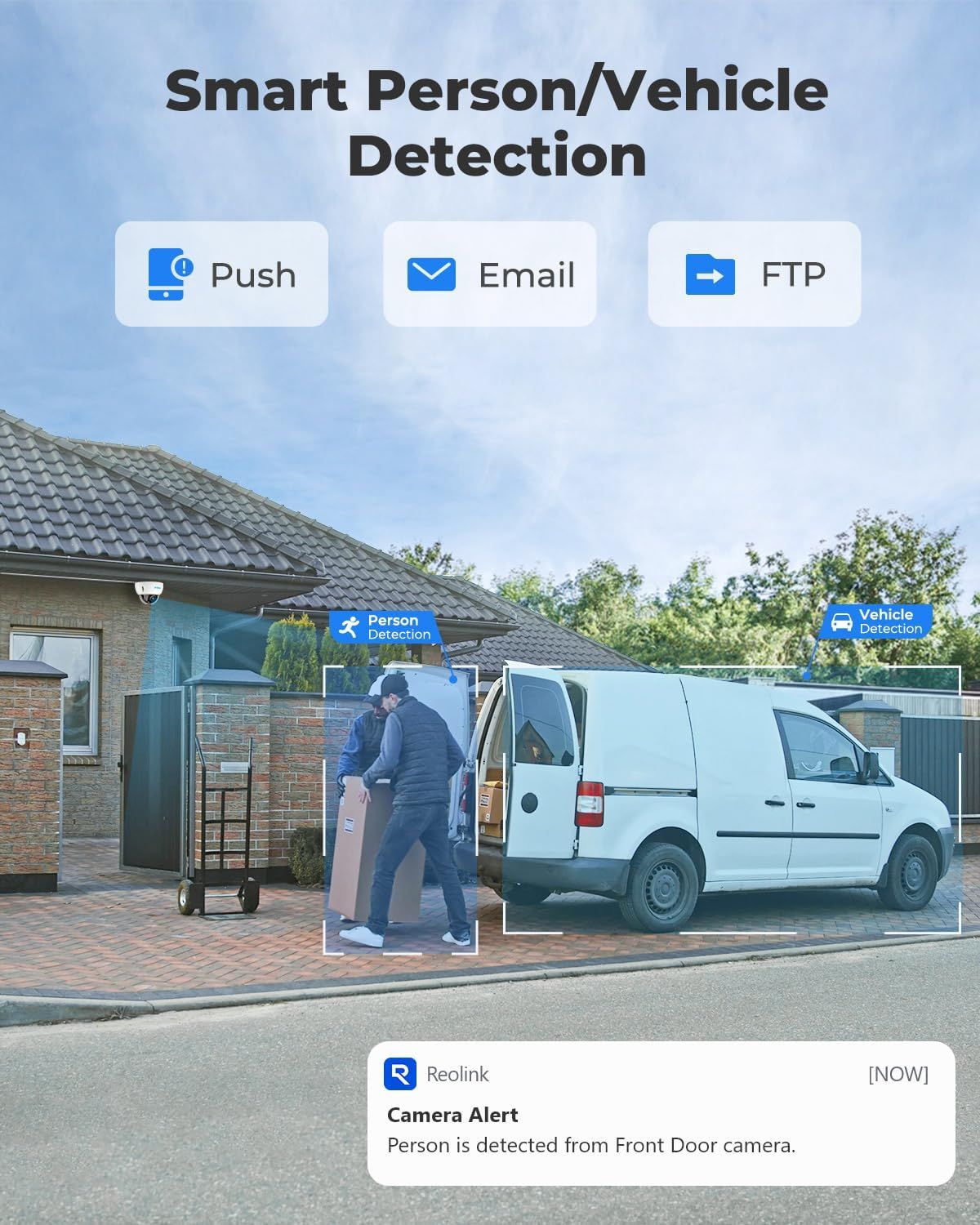 Demonstrates how to set up smart person and vehicle detection alerts via push notifications, email, or FTP. Highlights the security camera's ability to detect and alert users about people and…