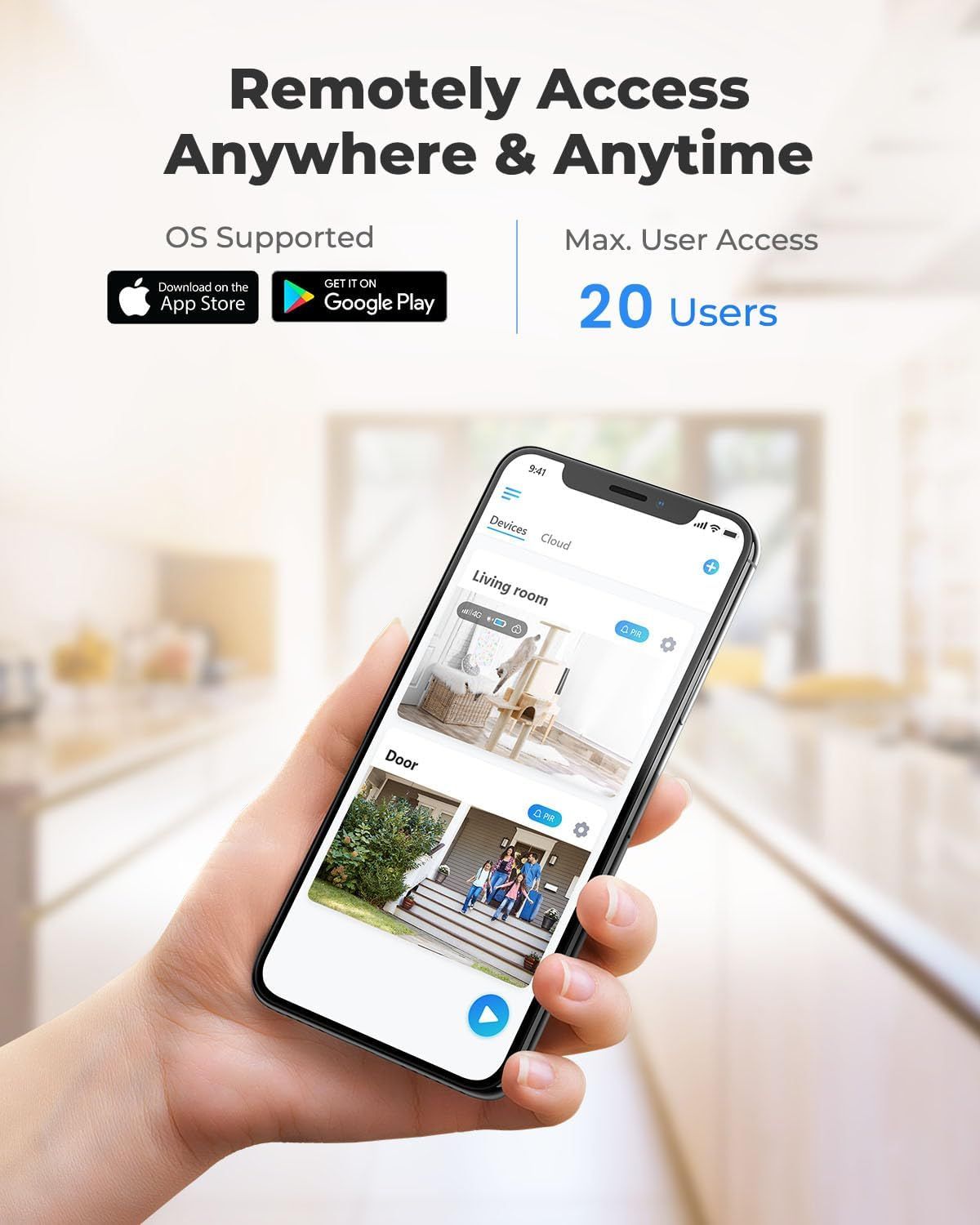 Demonstrates the ability to remotely access and monitor home devices from anywhere using a mobile app. Shows compatibility with both iOS and Android, and highlights the maximum number of users…