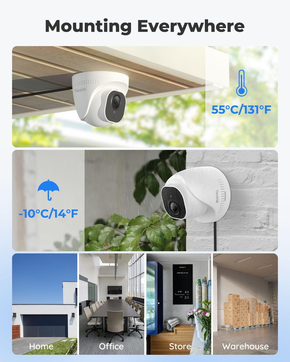Demonstrates the camera's ability to be mounted in various locations and withstand different weather conditions, showcasing its versatility for home, office, and outdoor use.