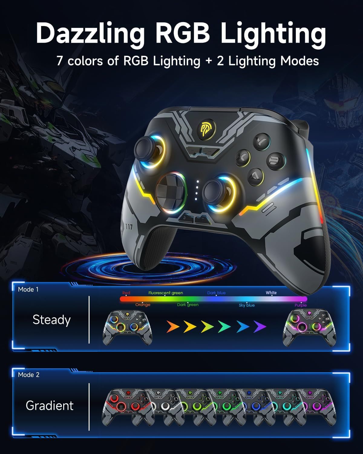Highlights the gaming controller's customizable RGB lighting feature with multiple color options and lighting modes to appeal to gamers who value aesthetics and personalization.