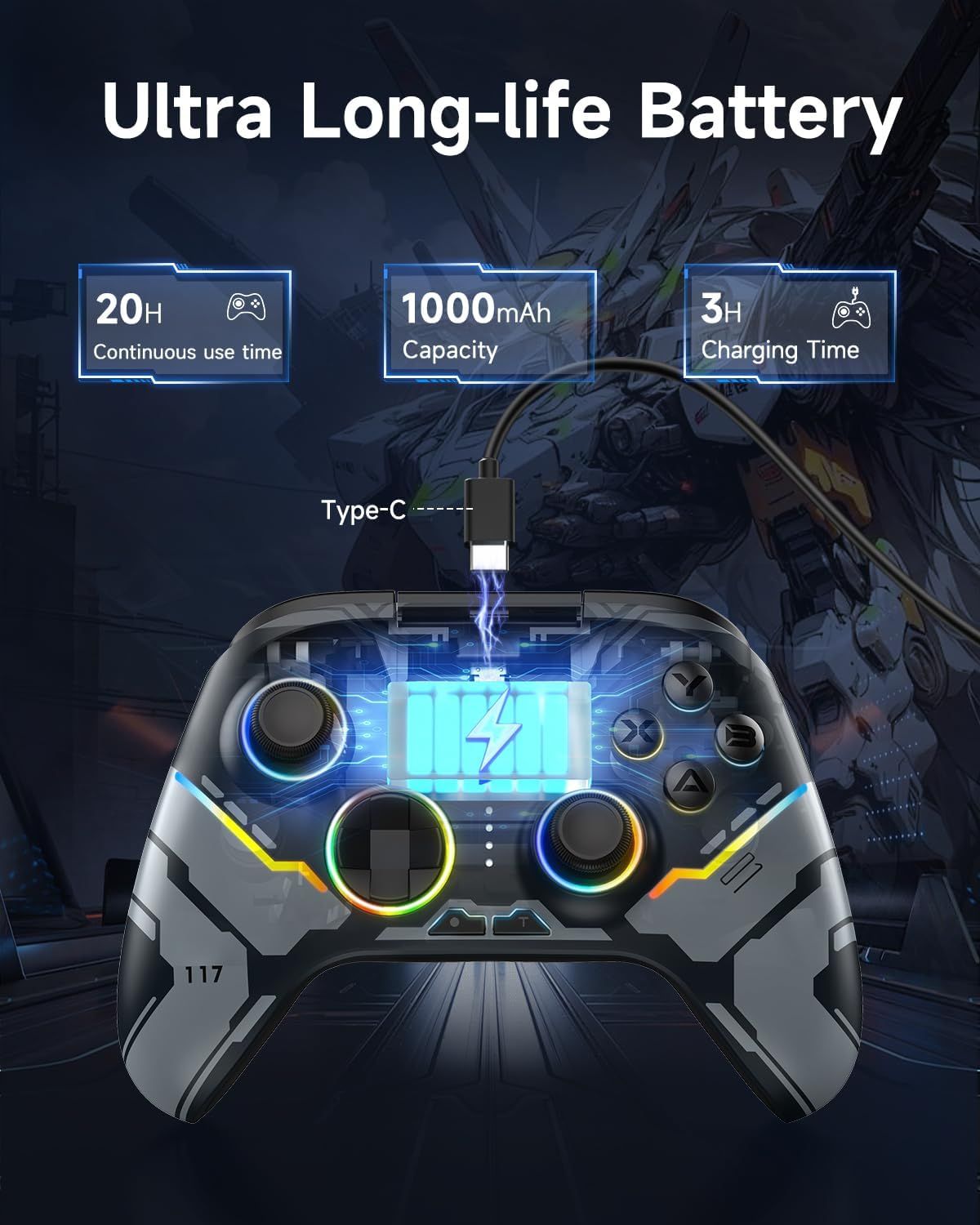 Communicates multiple battery-related benefits including 20 hours of continuous use, 1000mAh capacity, and 3-hour charging time to reassure gamers about extended gameplay without interruption.