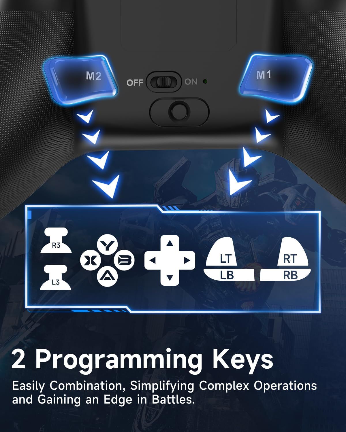 Highlights the programmable M1 and M2 buttons that allow gamers to create custom key combinations for simplified complex operations and competitive advantage.