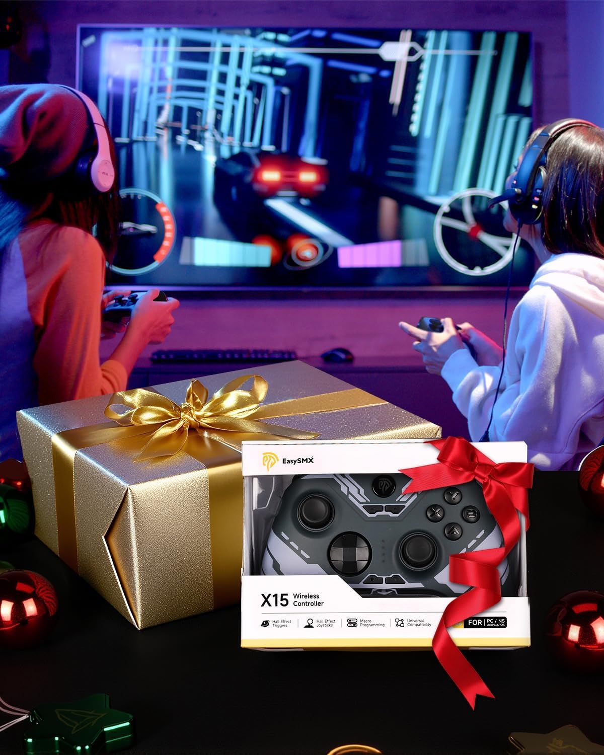 Positions the gaming controller as a perfect holiday or special occasion gift by featuring festive gift wrapping with gold and red ribbons in a gaming lifestyle setting.