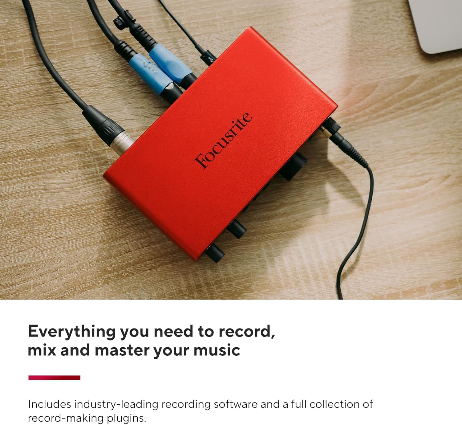 Communicates that the product comes with industry-leading recording software and a full collection of record-making plugins, reassuring buyers they have everything needed to record, mix, and master…