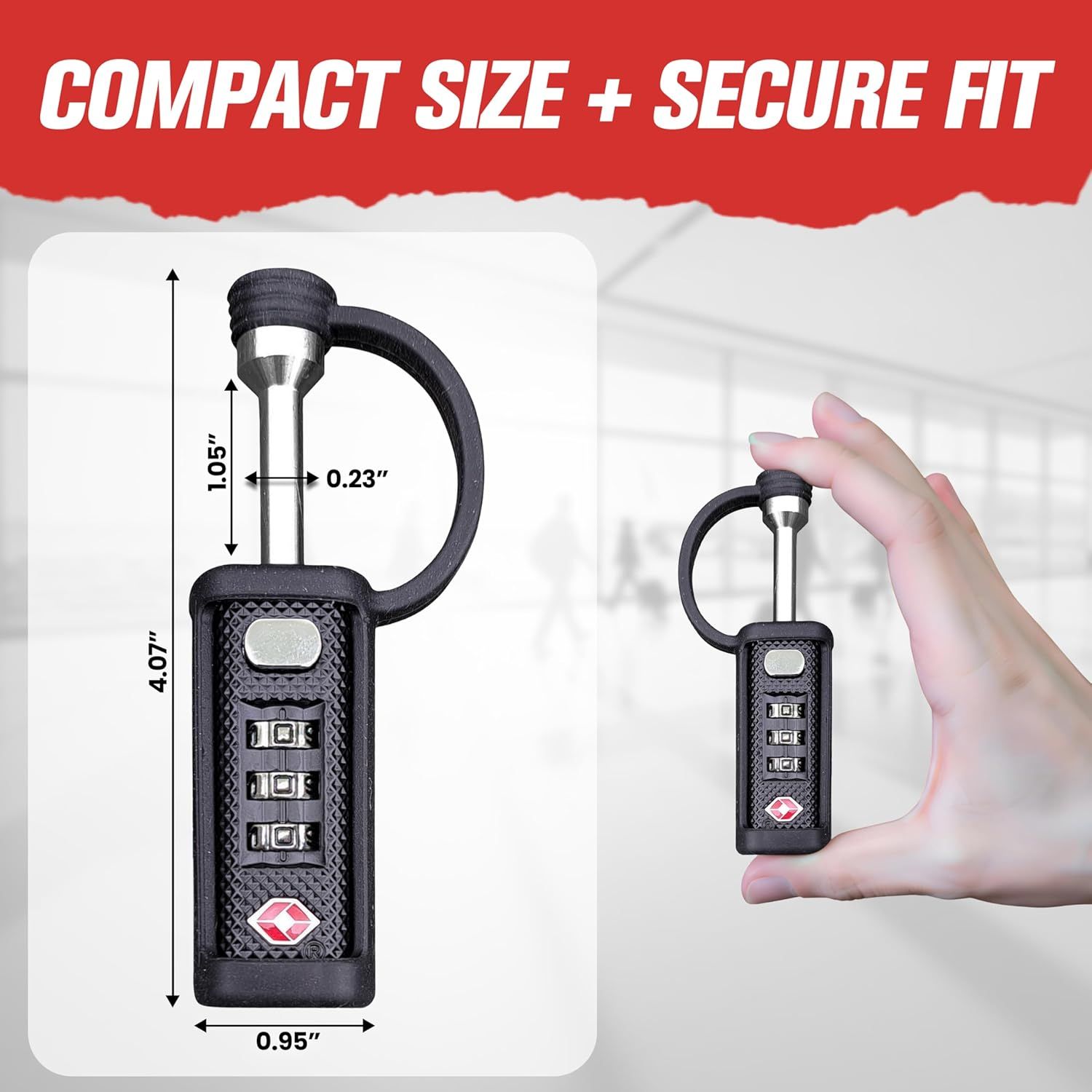 Communicates the exact dimensions of the lock to help shoppers understand its small, portable size and how it fits securely in hand. Emphasizes the compact size and secure fit of the lock, showing…