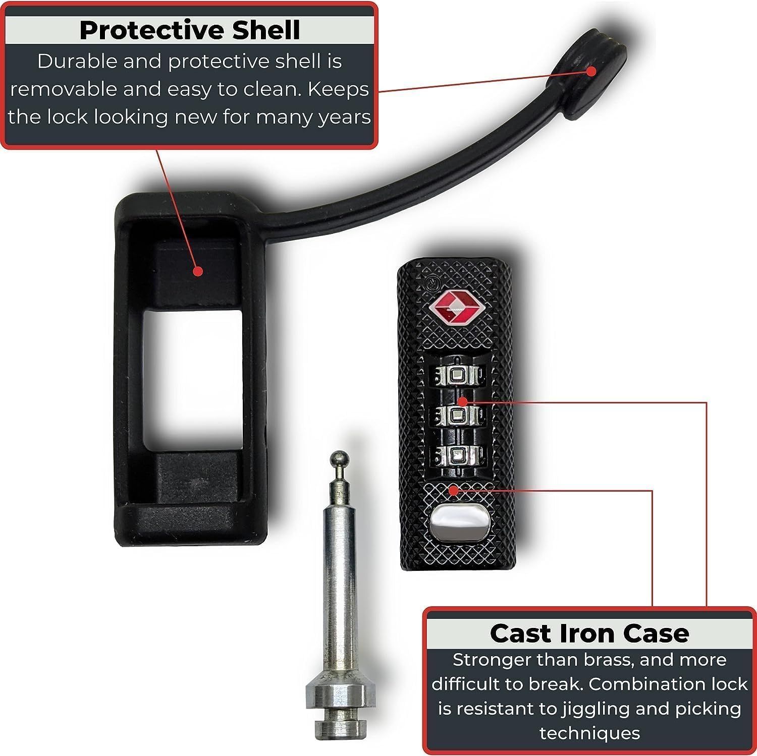 Highlights two key durability features of the lock: the removable protective shell that keeps it looking new and the cast iron case that resists break-in attempts.