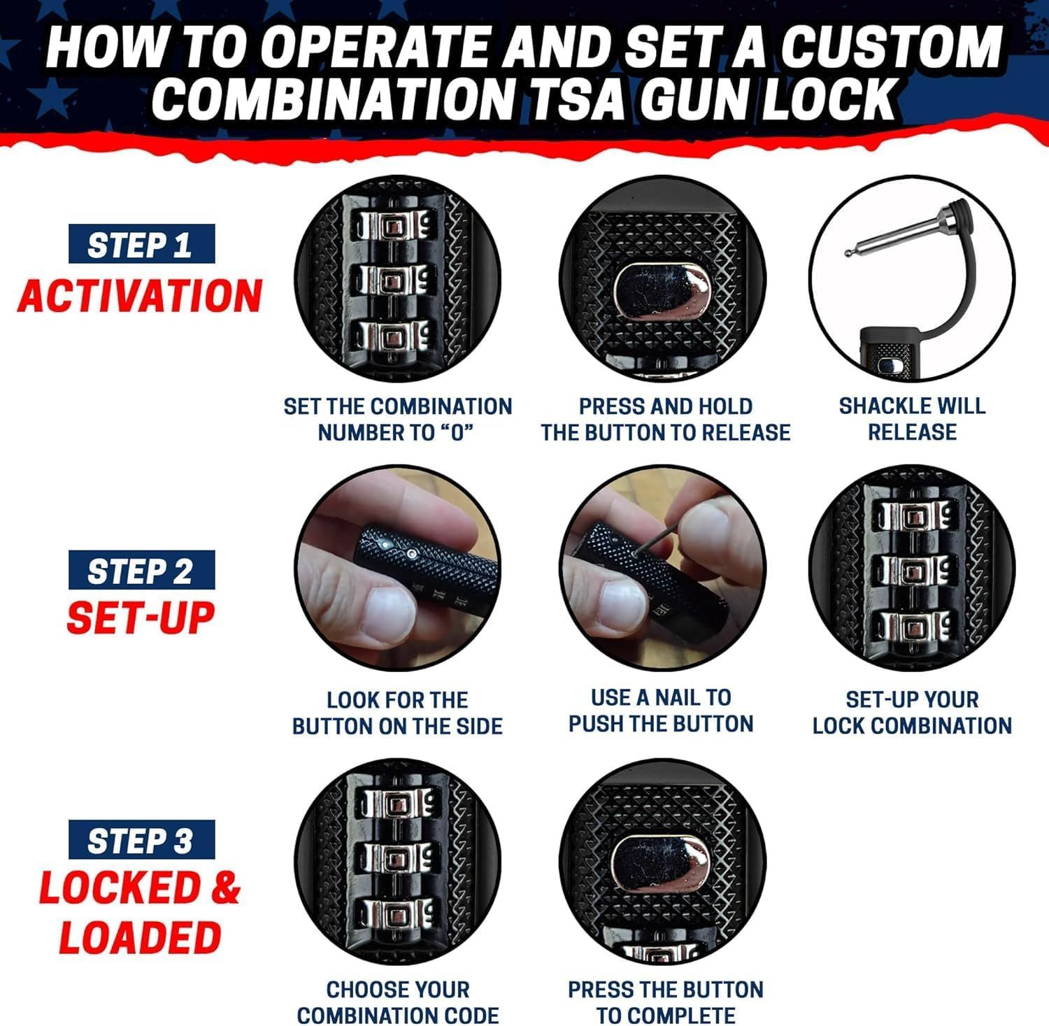 Provides step-by-step instructions on how to activate, set up, and lock a TSA gun lock with a custom combination code to help customers understand the setup process.