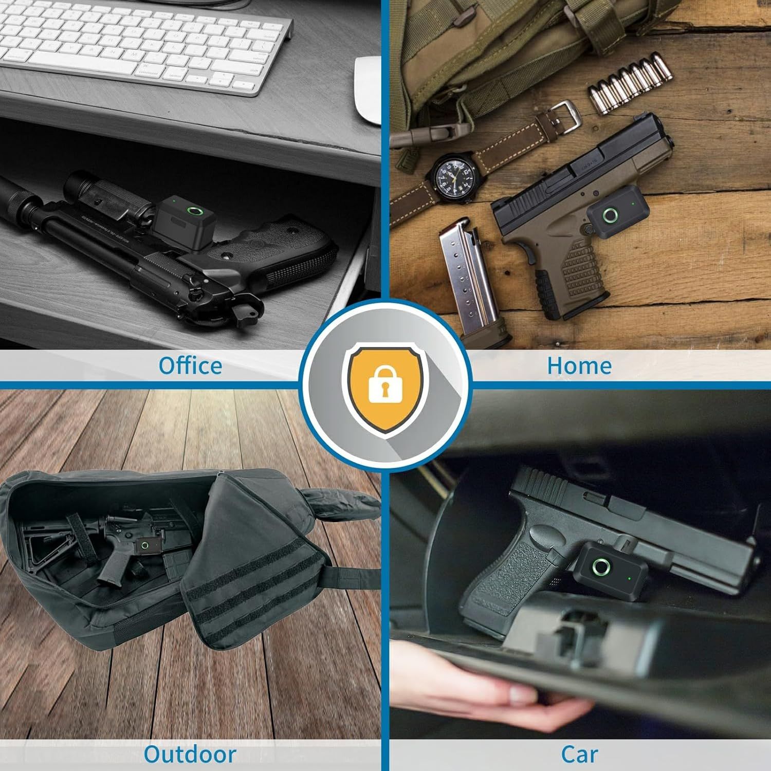 Demonstrates the versatility of the product by showing it can be used in four different environments: office, home, outdoor, and car settings, emphasizing its adaptability for firearm storage and…