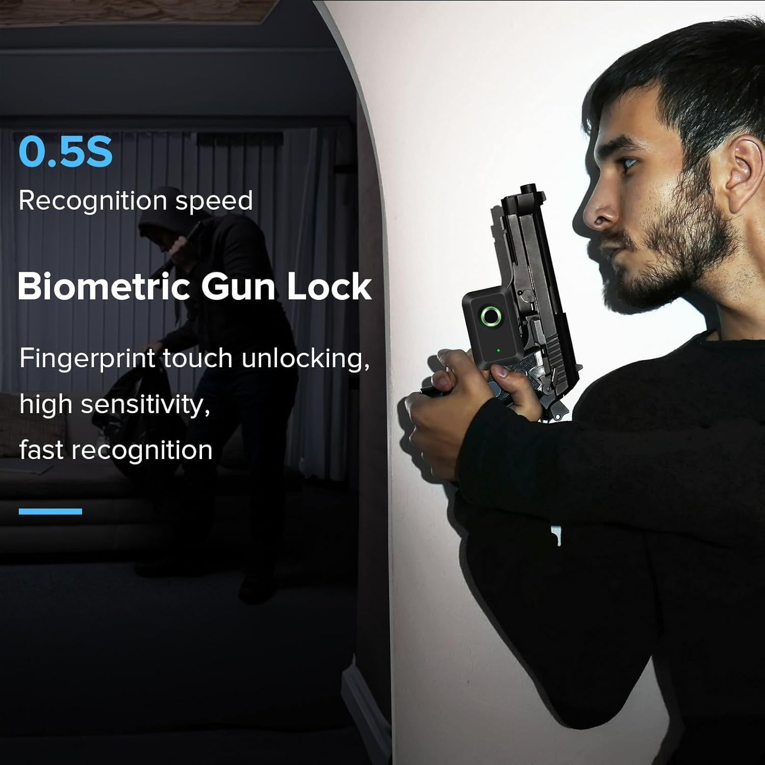 Communicates the fast biometric fingerprint unlocking feature with 0.5s recognition speed to reassure shoppers about quick and secure access to their gun safe.