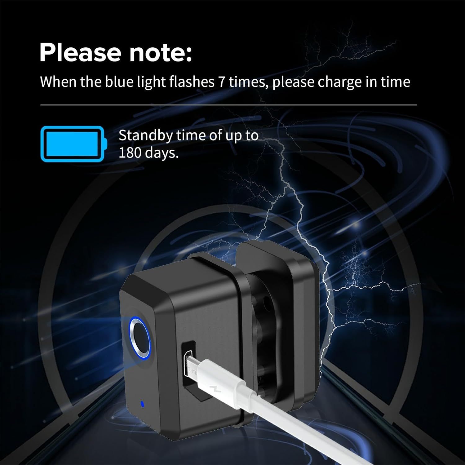 Communicates that the product has an extended standby time of up to 180 days and includes a charging reminder feature to reassure shoppers about battery longevity and convenience.