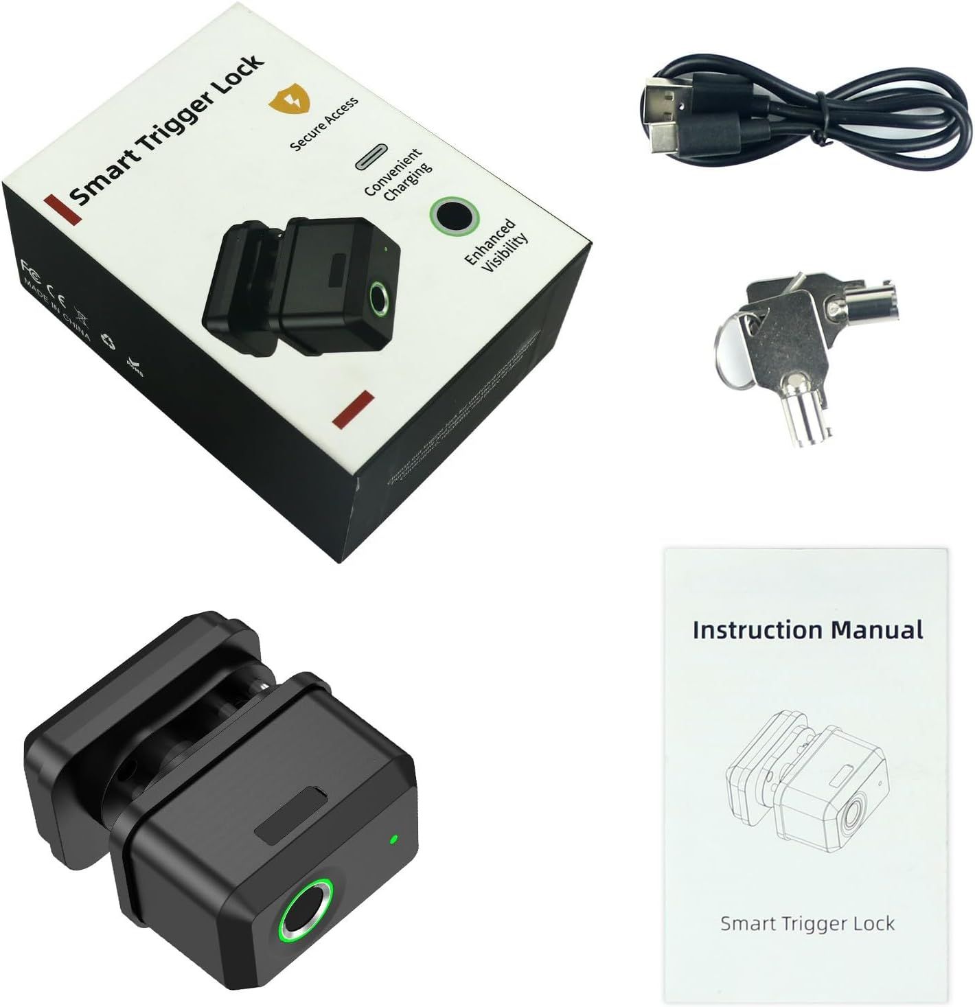 Shows everything included in the purchase: the Smart Trigger Lock device, charging cable, physical keys, instruction manual, and retail packaging to set clear expectations for the buyer.