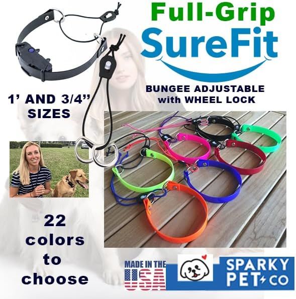 Showcases multiple key features of the dog collar including the secure fit design, adjustable bungee mechanism with wheel lock, available sizes, and extensive color variety to help shoppers…
