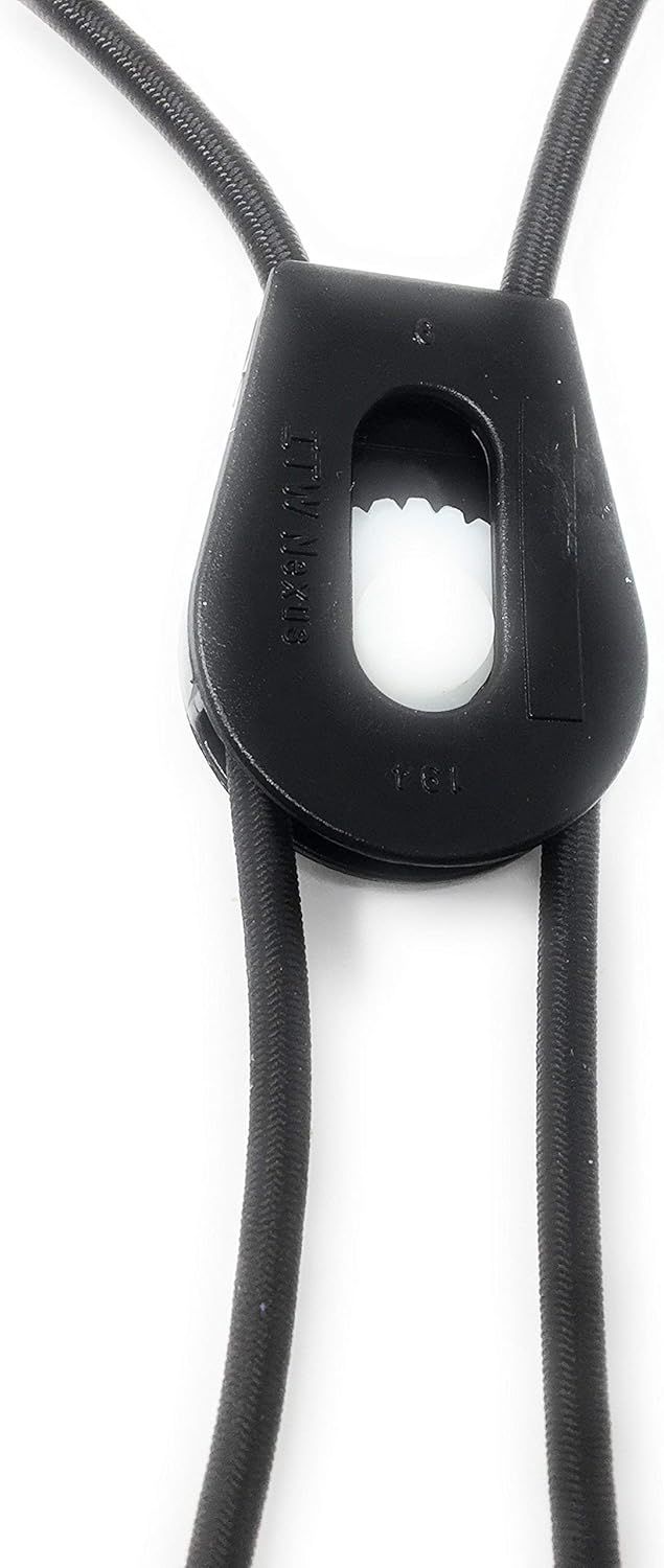 Highlights the specific structural component of the cord lock device, showing how the cords thread through the mechanism to allow for adjustment and tensioning.