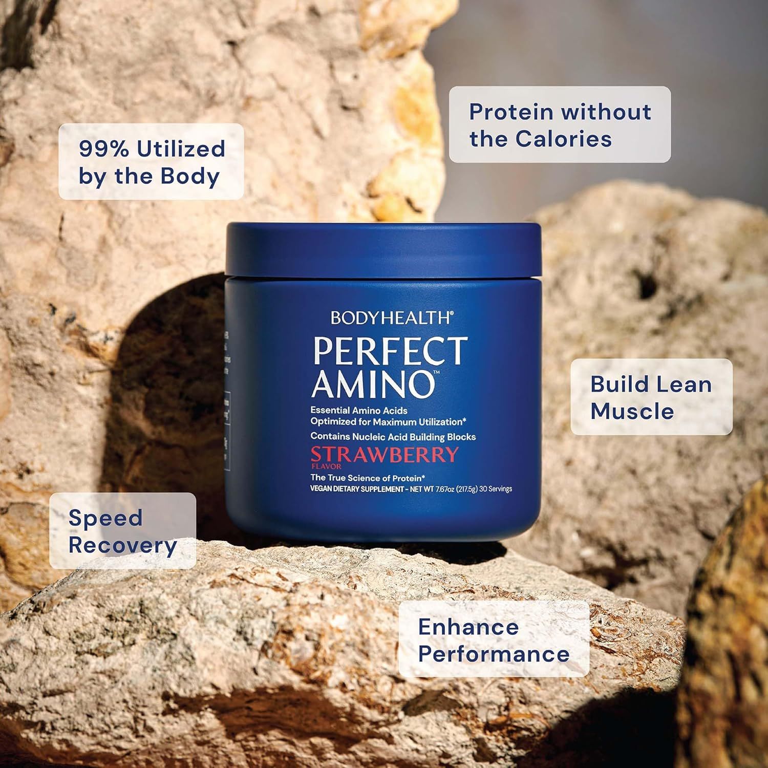 Showcases multiple key benefits of the amino acid supplement including high utilization rate, low calories, muscle building, recovery speed, and performance enhancement to demonstrate the product's…
