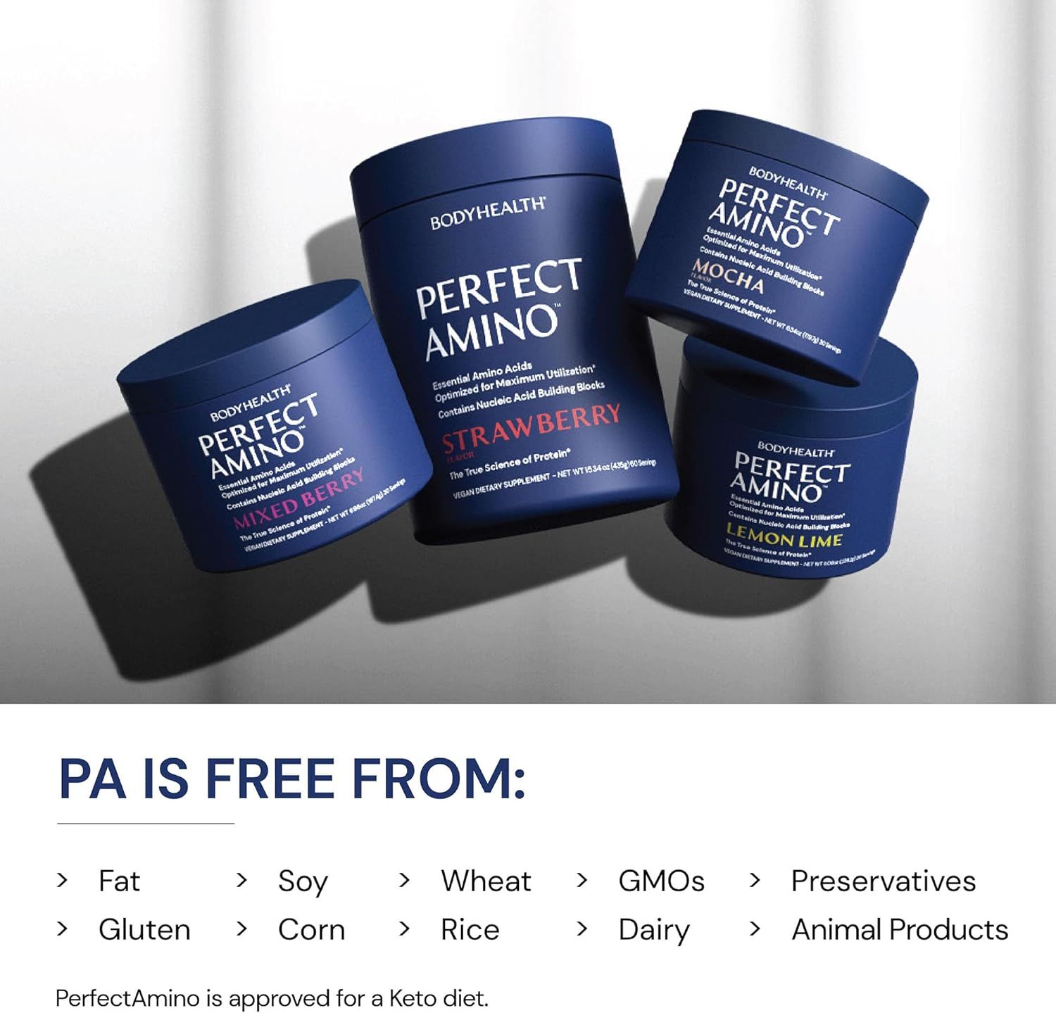 Communicates that the product is free from common allergens and additives like fat, soy, wheat, GMOs, preservatives, gluten, corn, rice, dairy, and animal products, and is approved for a Keto diet,…
