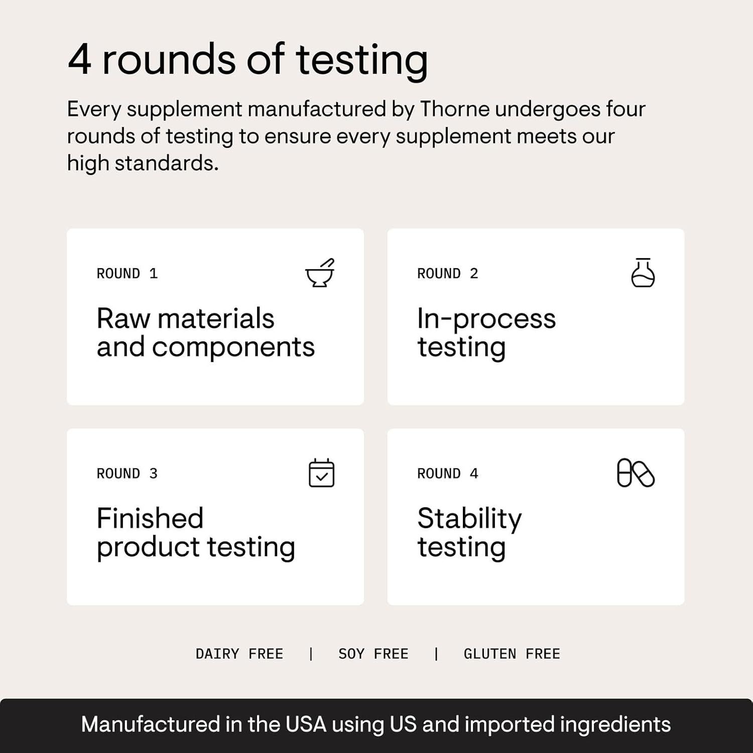Communicates the brand's rigorous quality control process through four distinct testing stages and highlights dietary compatibility to build trust and reassure shoppers about product safety and…