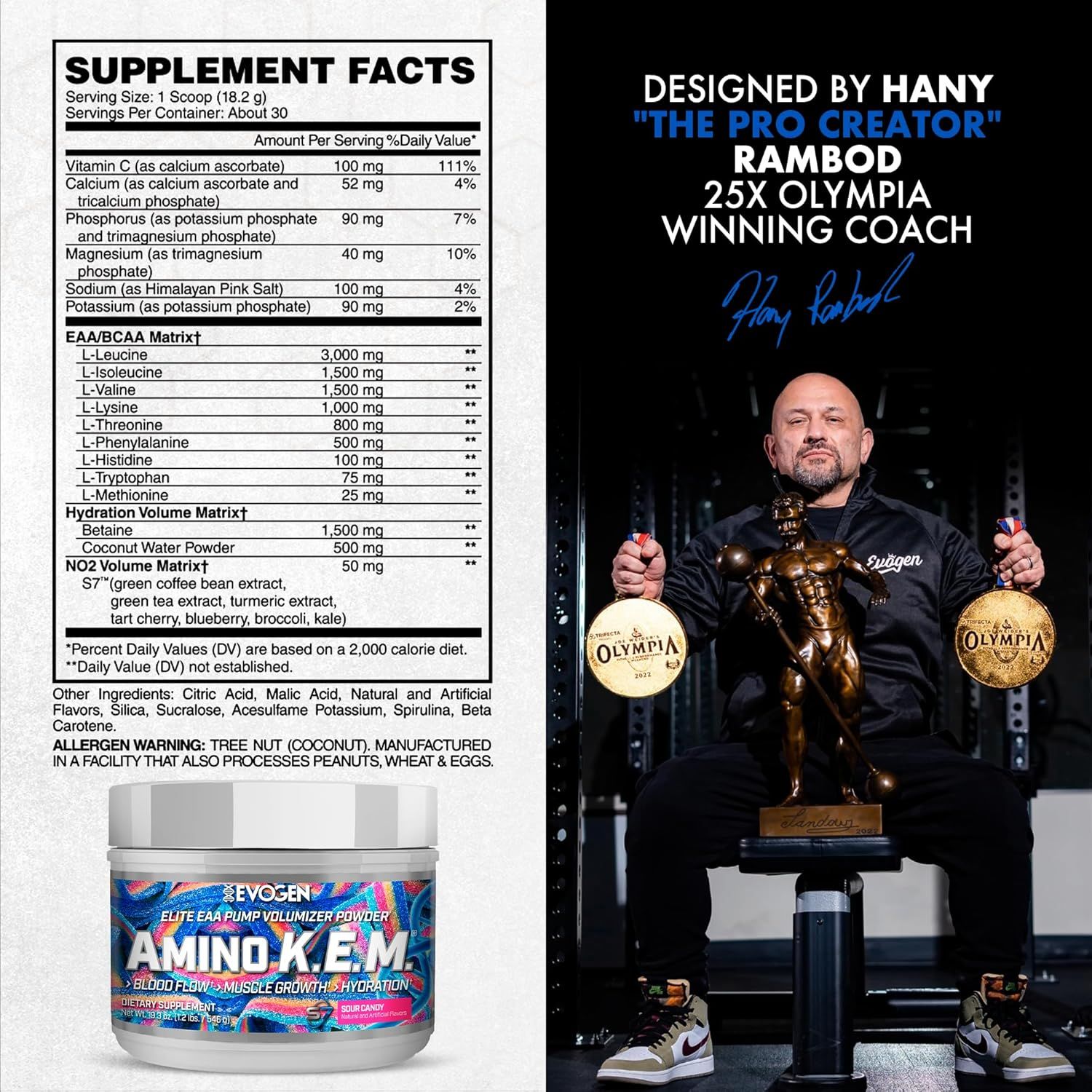 Builds trust and credibility by showcasing that the product was designed by Hany Rambod, a 25x Olympia-winning coach, leveraging his authority and success to reassure shoppers of the product's…