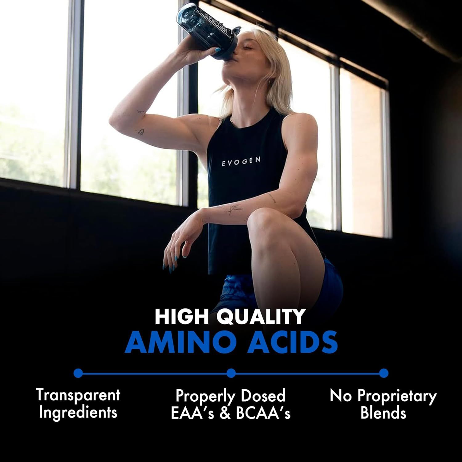 Communicates multiple quality benefits of the amino acid supplement to reassure shoppers about ingredient transparency, proper dosing, and lack of proprietary blends.