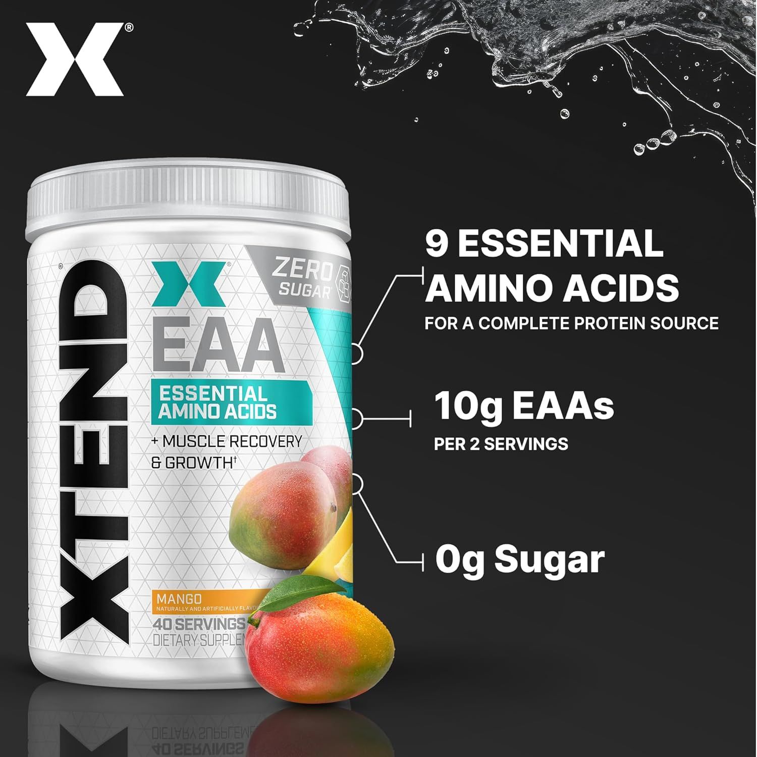 Communicates multiple key benefits of the EAA supplement including complete amino acid profile, high EAA content per serving, and zero sugar formulation to appeal to fitness-conscious shoppers.