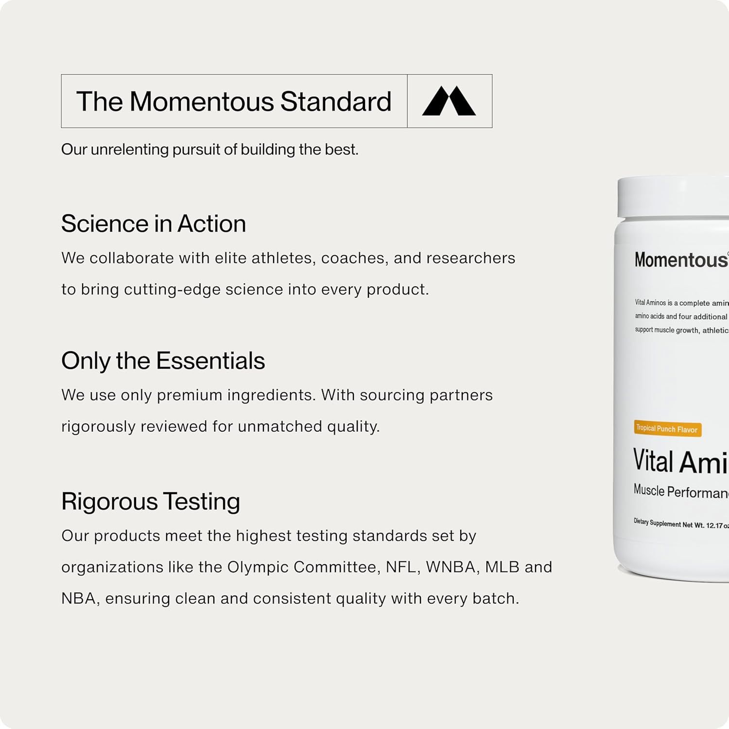Communicates the brand's commitment to quality through three distinct value propositions: scientific collaboration, premium sourcing, and high testing standards to build trust and credibility.