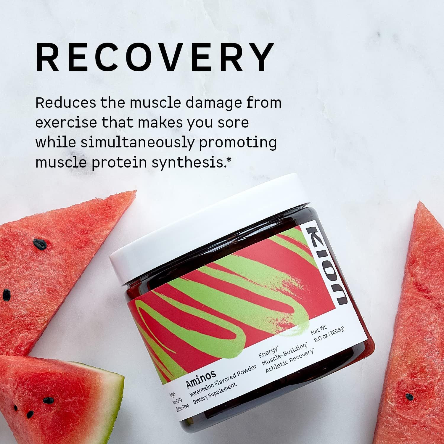 Communicates that the product reduces muscle damage from exercise and promotes muscle protein synthesis, positioning it as a recovery supplement for athletes and fitness enthusiasts.