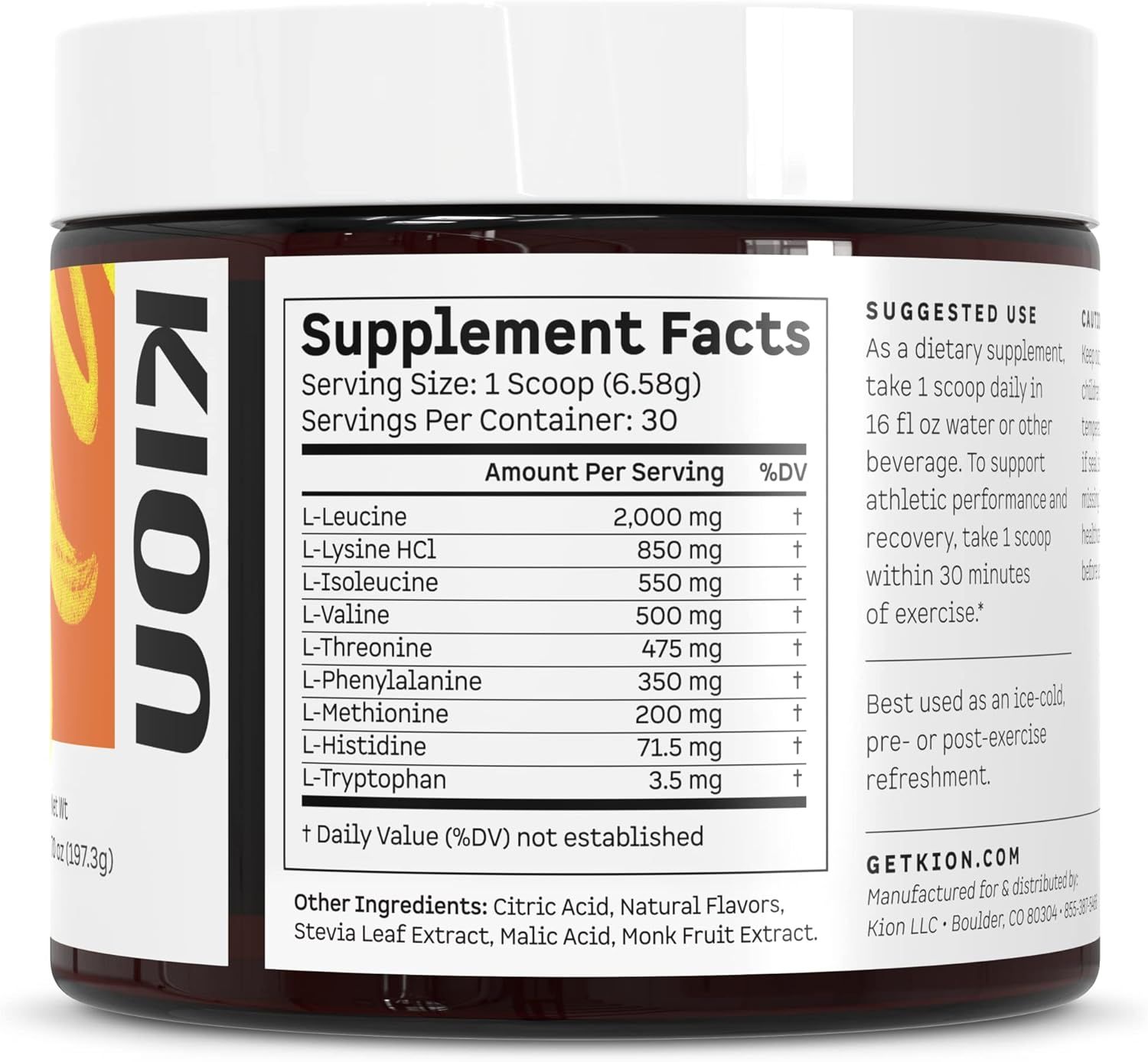Displays the detailed nutritional information and ingredient list to inform shoppers about the exact amino acid content and dosages in the supplement.