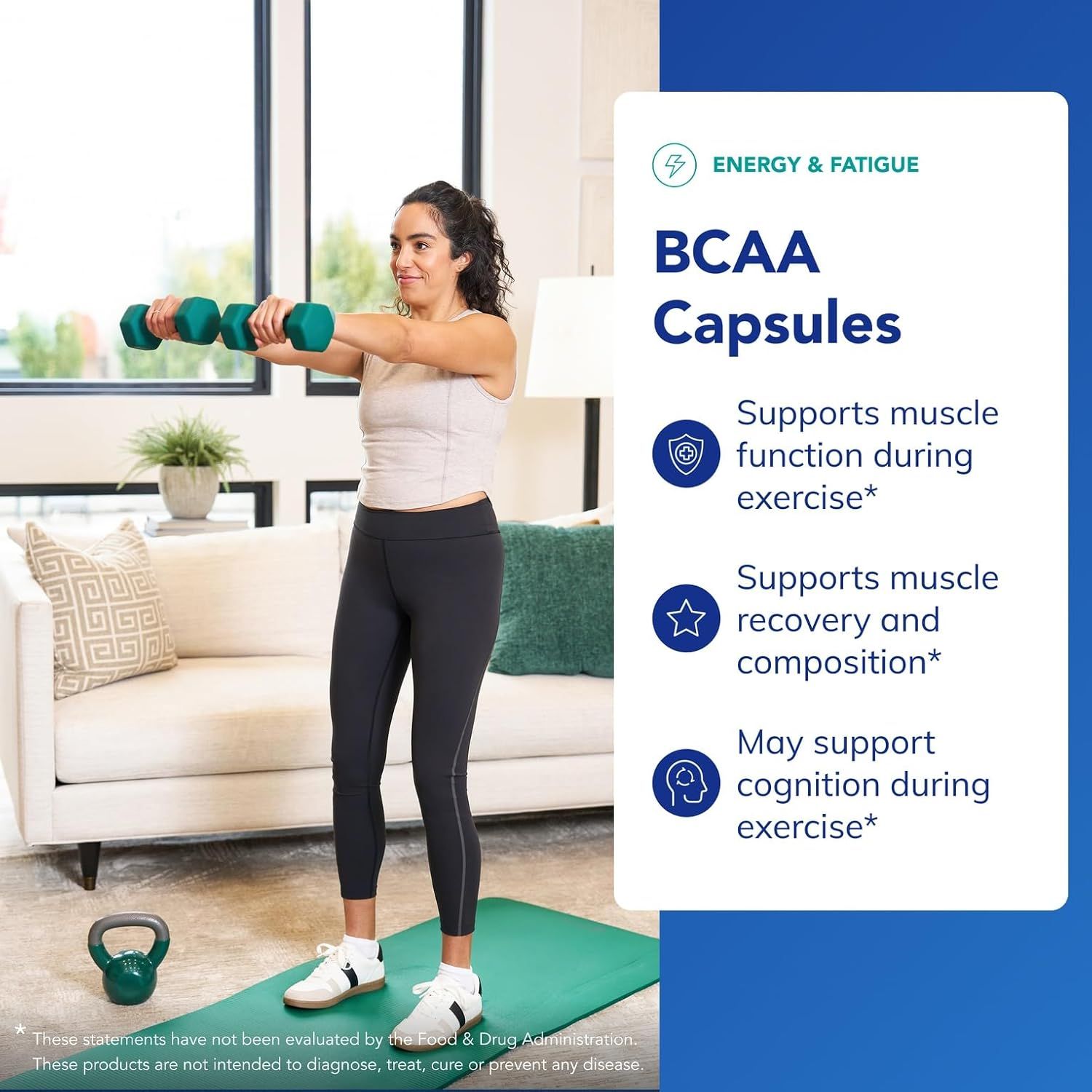 Communicates three distinct benefits of BCAA Capsules: supporting muscle function during exercise, aiding muscle recovery and composition, and potentially supporting cognition during exercise.